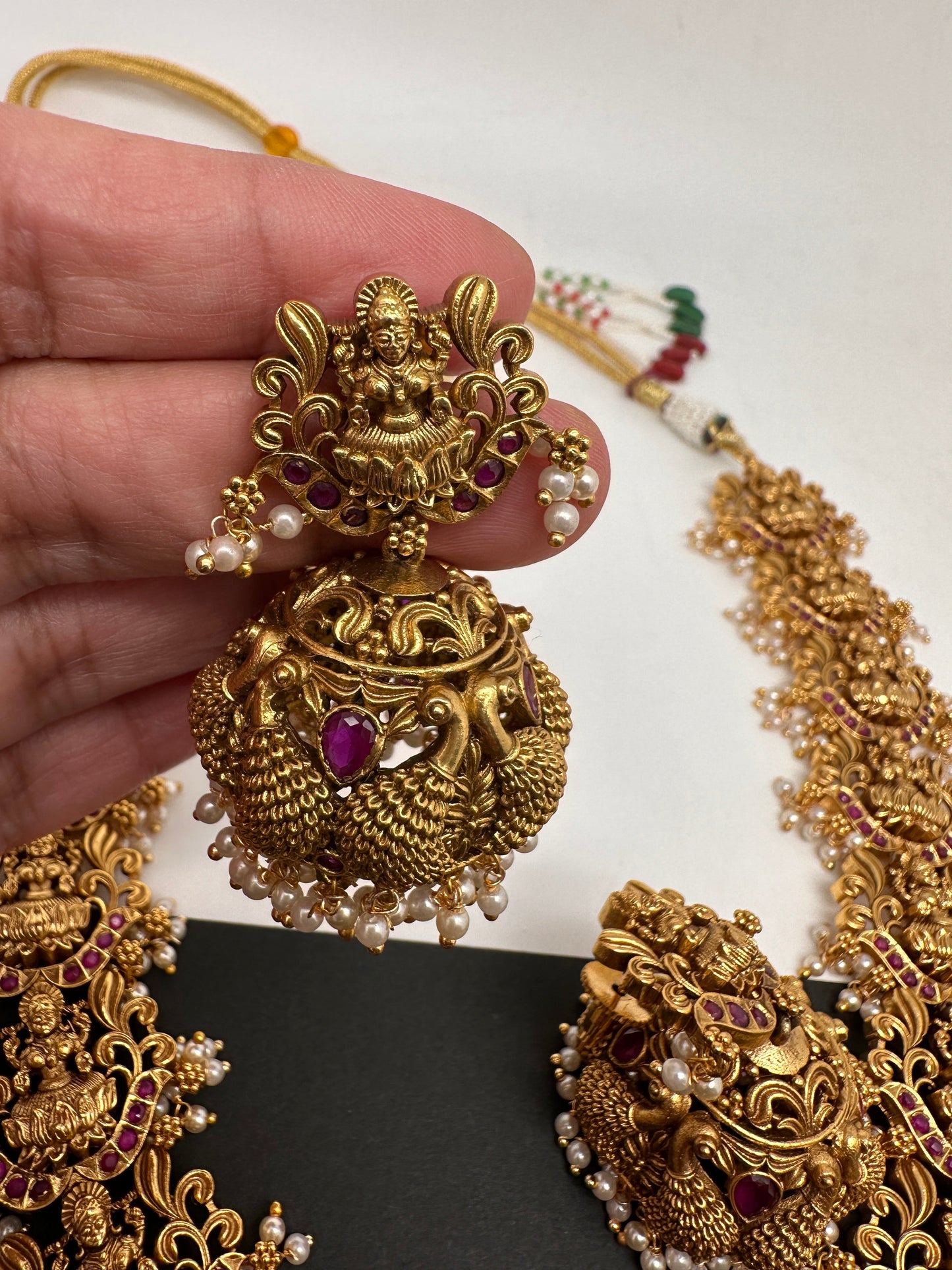 Goddess Lakshmi Pendent Lakshmi Links Red Stone Nakshi Long Necklace