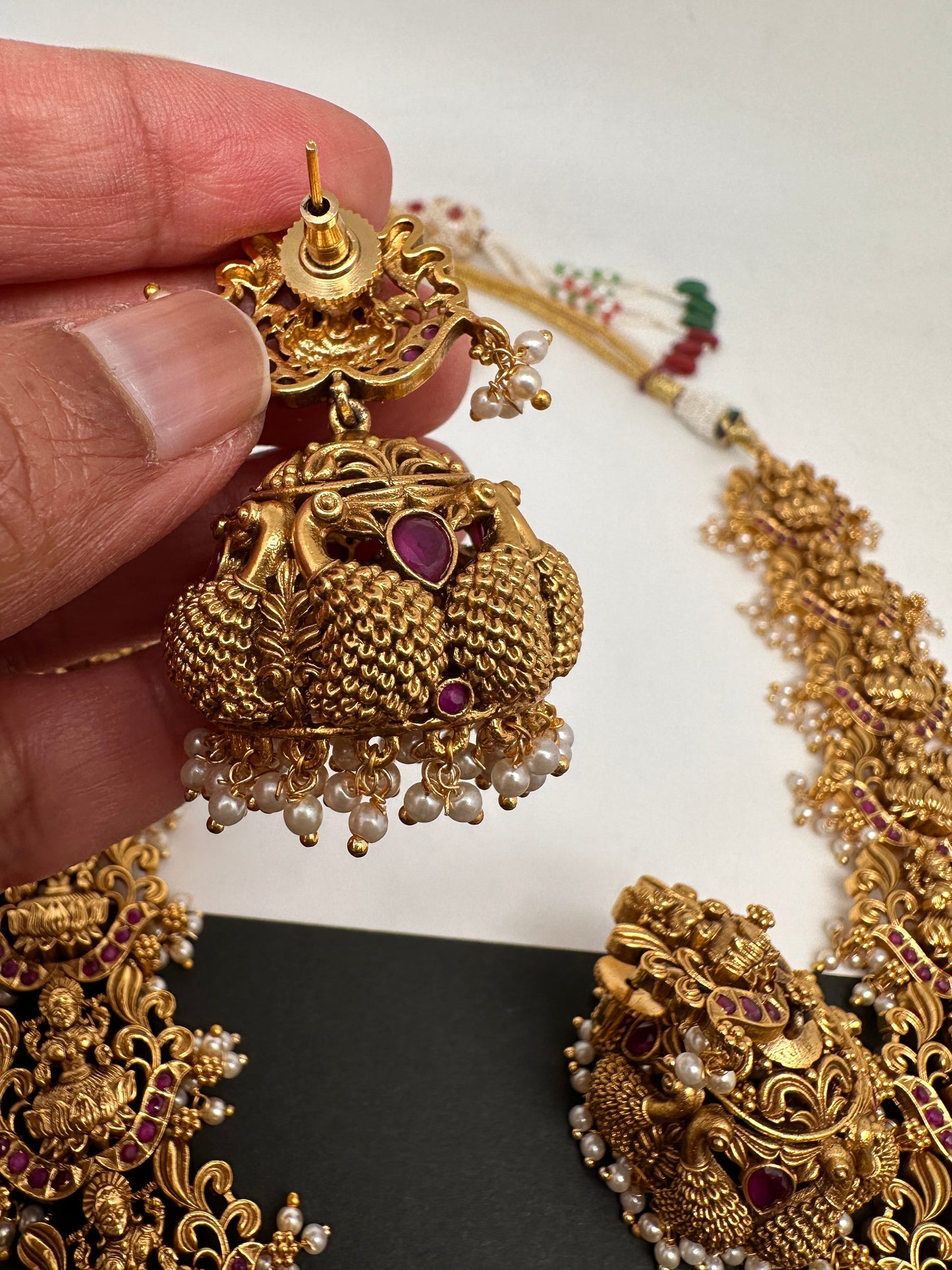 Goddess Lakshmi Pendent Lakshmi Links Red Stone Nakshi Long Necklace