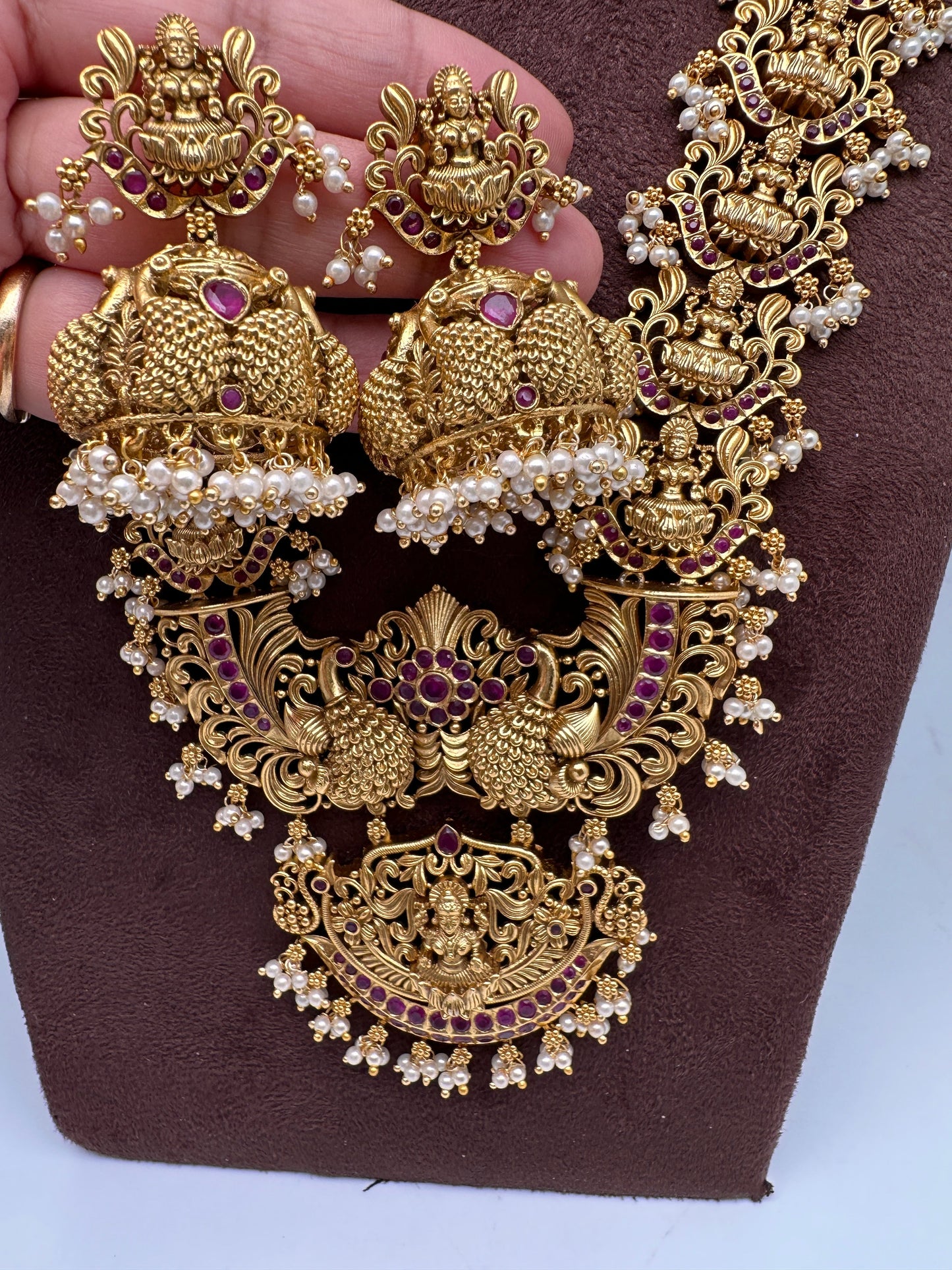 Goddess Lakshmi Pendent Lakshmi Links Red Stone Nakshi Long Necklace