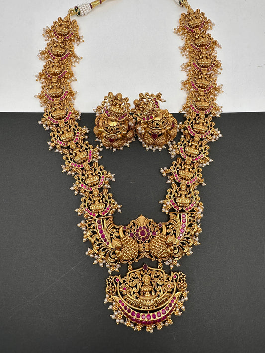 Goddess Lakshmi Pendent Lakshmi Links Red Stone Nakshi Long Necklace