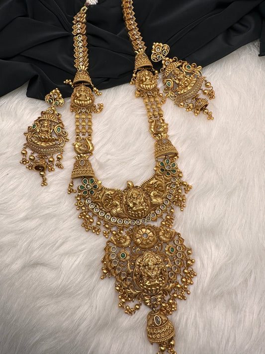 Goddess Lakshmi Pendent Lakshmi Links Green Stone Nakshi Long Necklace