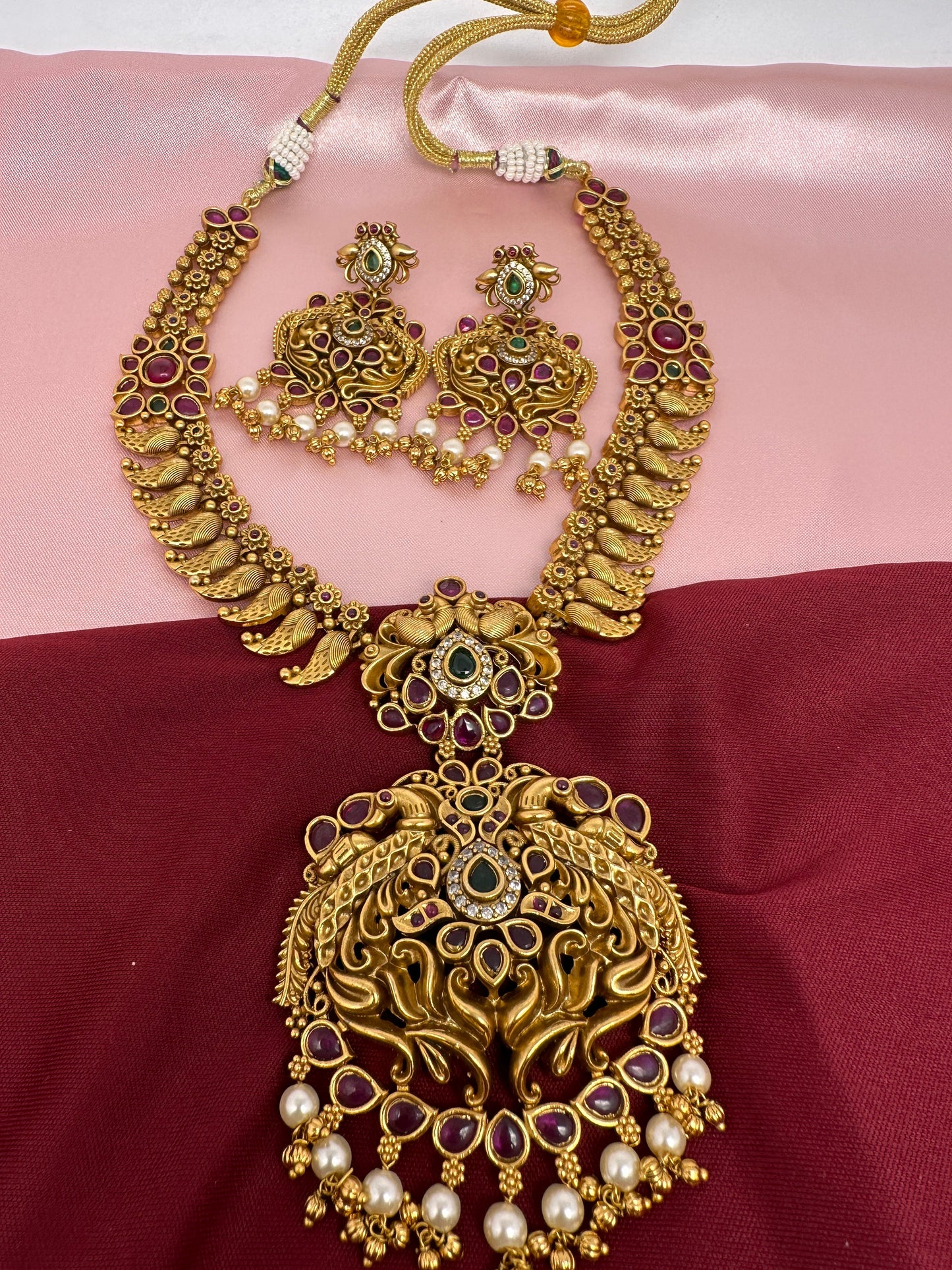 Peacock Pendent Mango Links Red Stone Nakshi Short Necklace