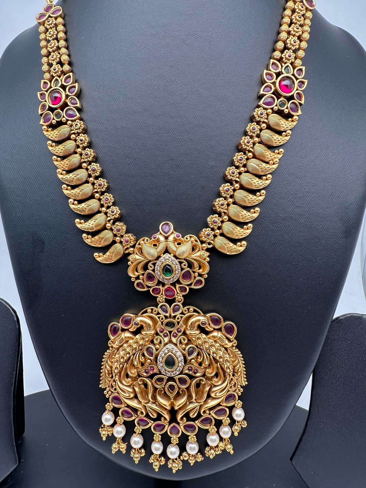 Peacock Pendent Mango Links Red Stone Nakshi Short Necklace