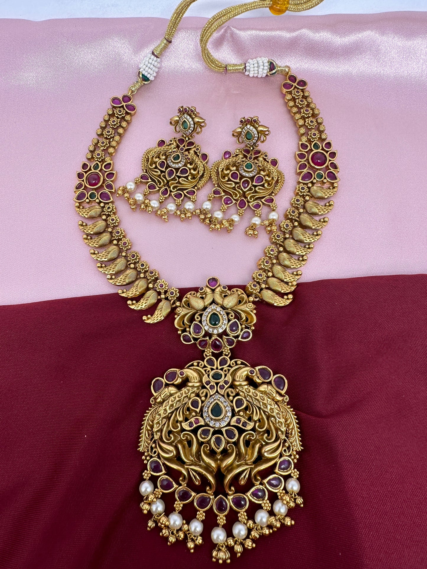 Peacock Pendent Mango Links Red Stone Nakshi Short Necklace