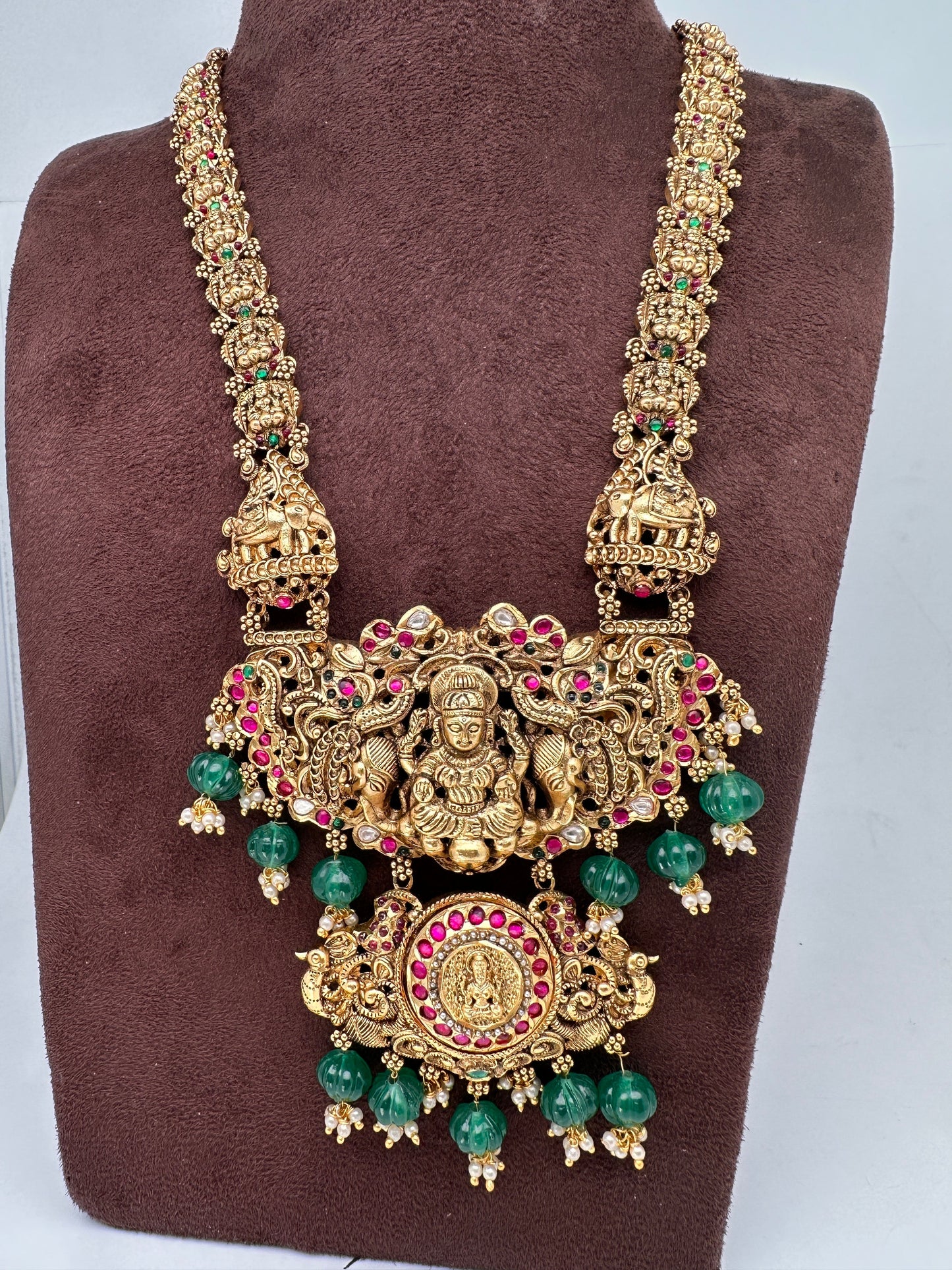Goddess Lakshmi Elephant Pendent Lakshmi Links Green Pumpkin beads Matte Finish Nakshi Necklace