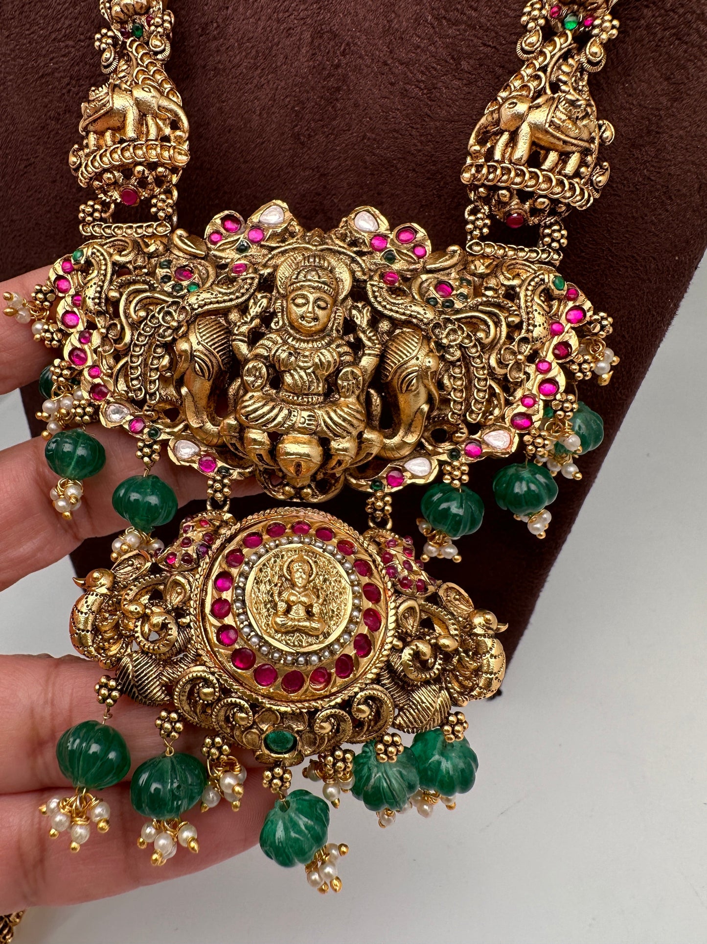 Goddess Lakshmi Elephant Pendent Lakshmi Links Green Pumpkin beads Matte Finish Nakshi Necklace