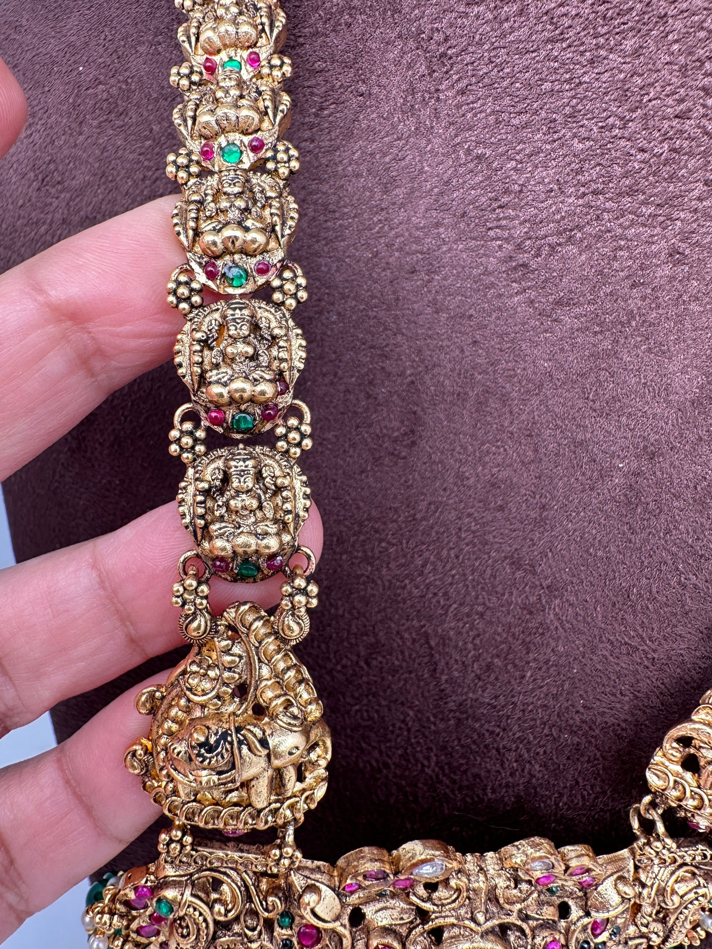 Goddess Lakshmi Elephant Pendent Lakshmi Links Green Pumpkin beads Matte Finish Nakshi Necklace