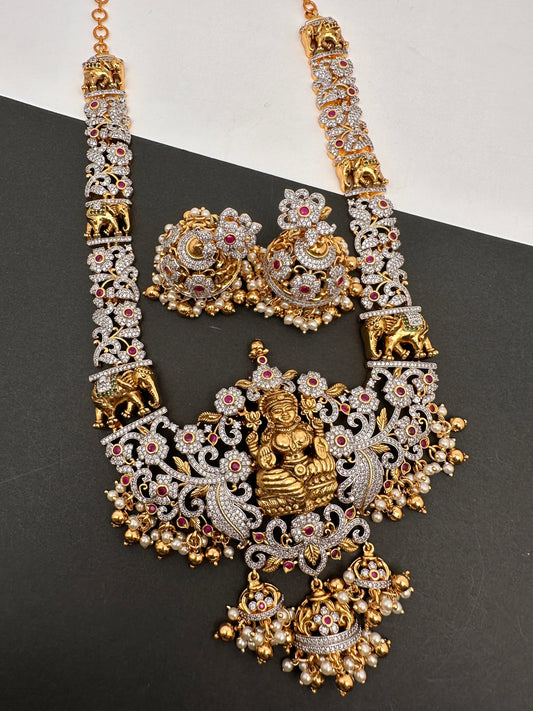 Goddess Lakshmi CZ Red Stone Matte Finish Short Nakshi Necklace Set