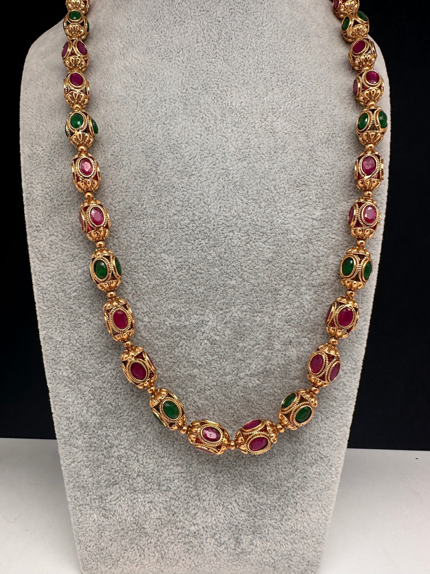 Golden Nakshi Ball Red Green Stone Necklace