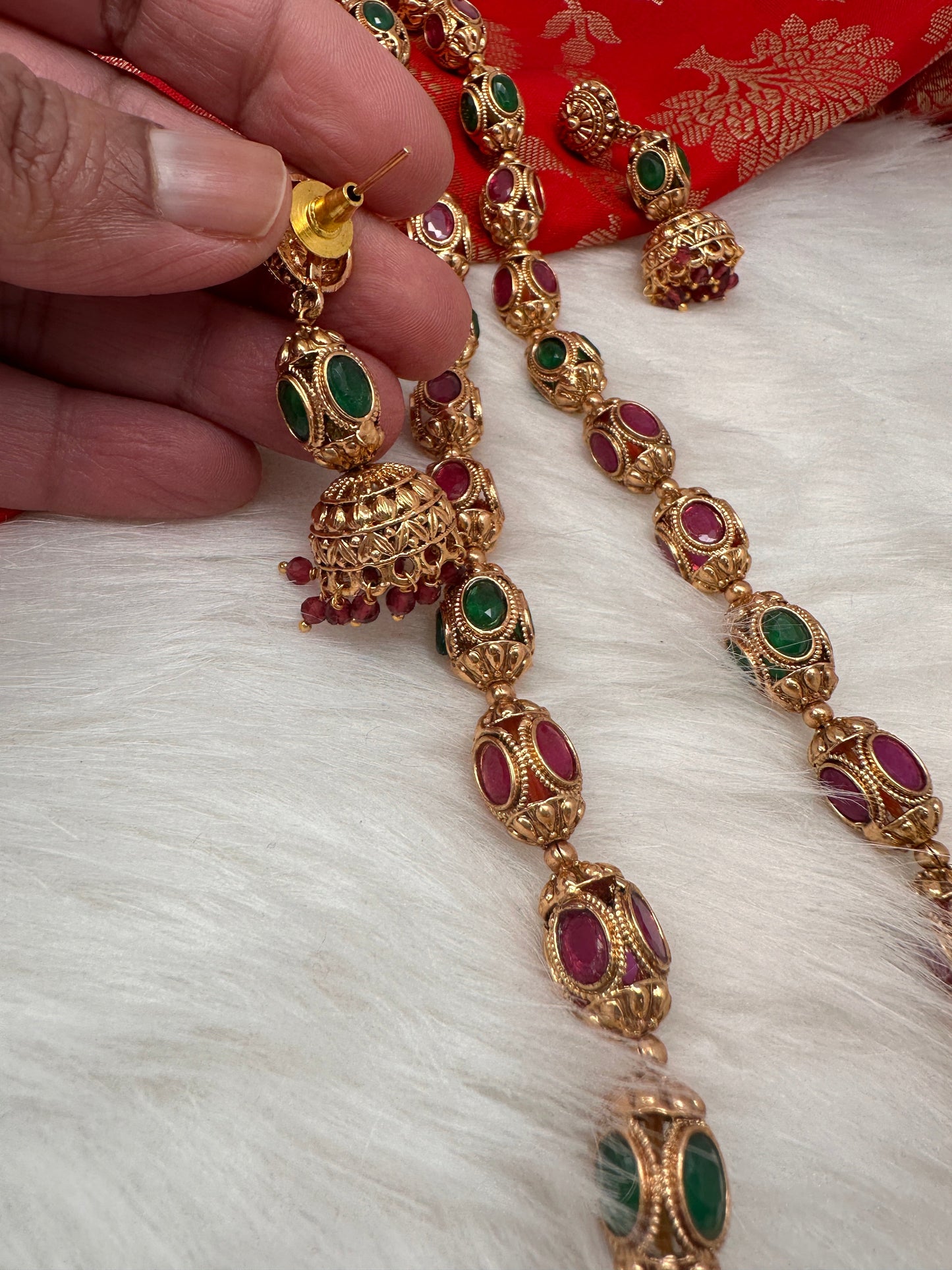 Golden Nakshi Ball Red Green Stone Necklace