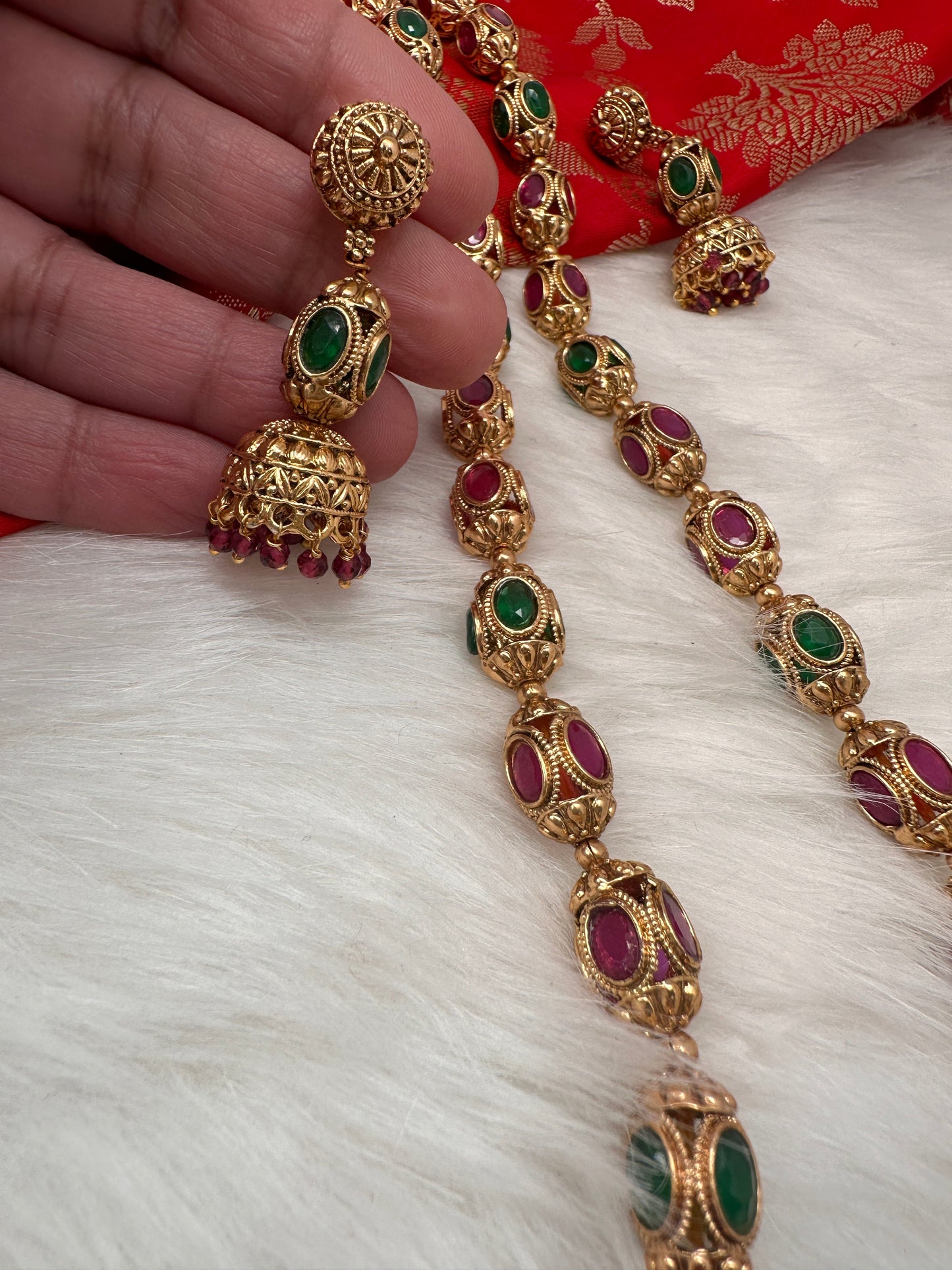 Golden Nakshi Ball Red Green Stone Necklace
