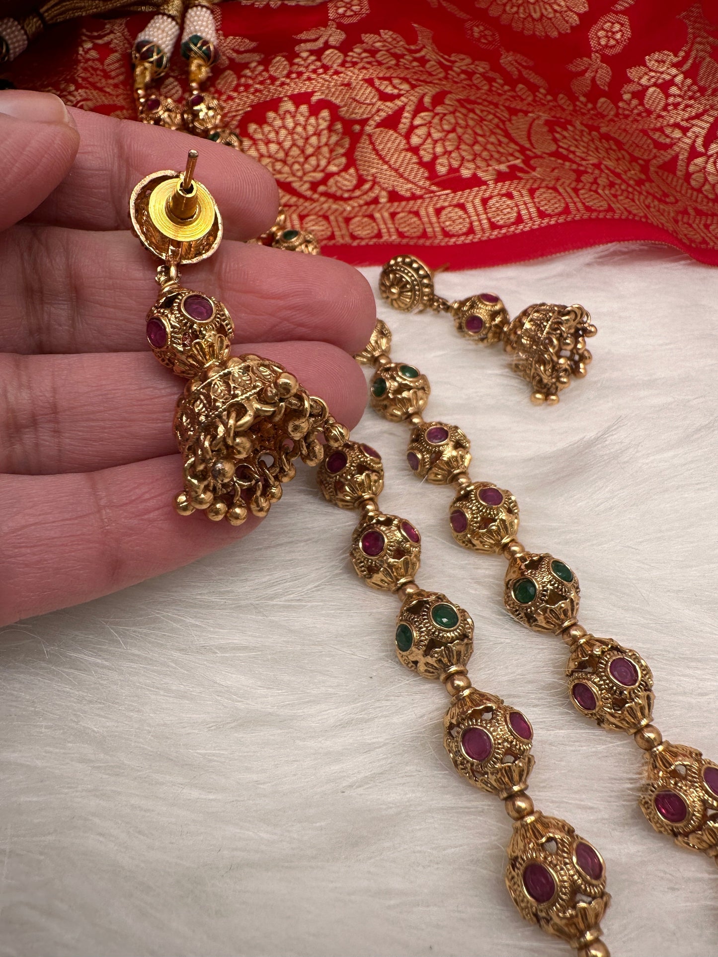 Golden Nakshi Ball Red Green Stone Necklace