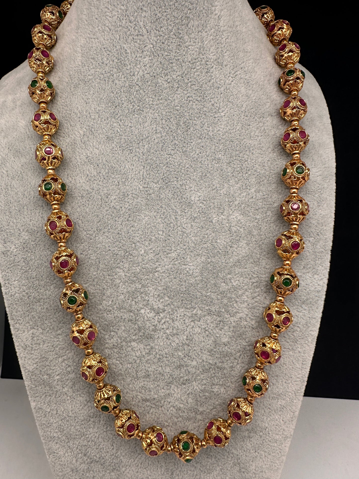 Golden Nakshi Ball Red Green Stone Necklace