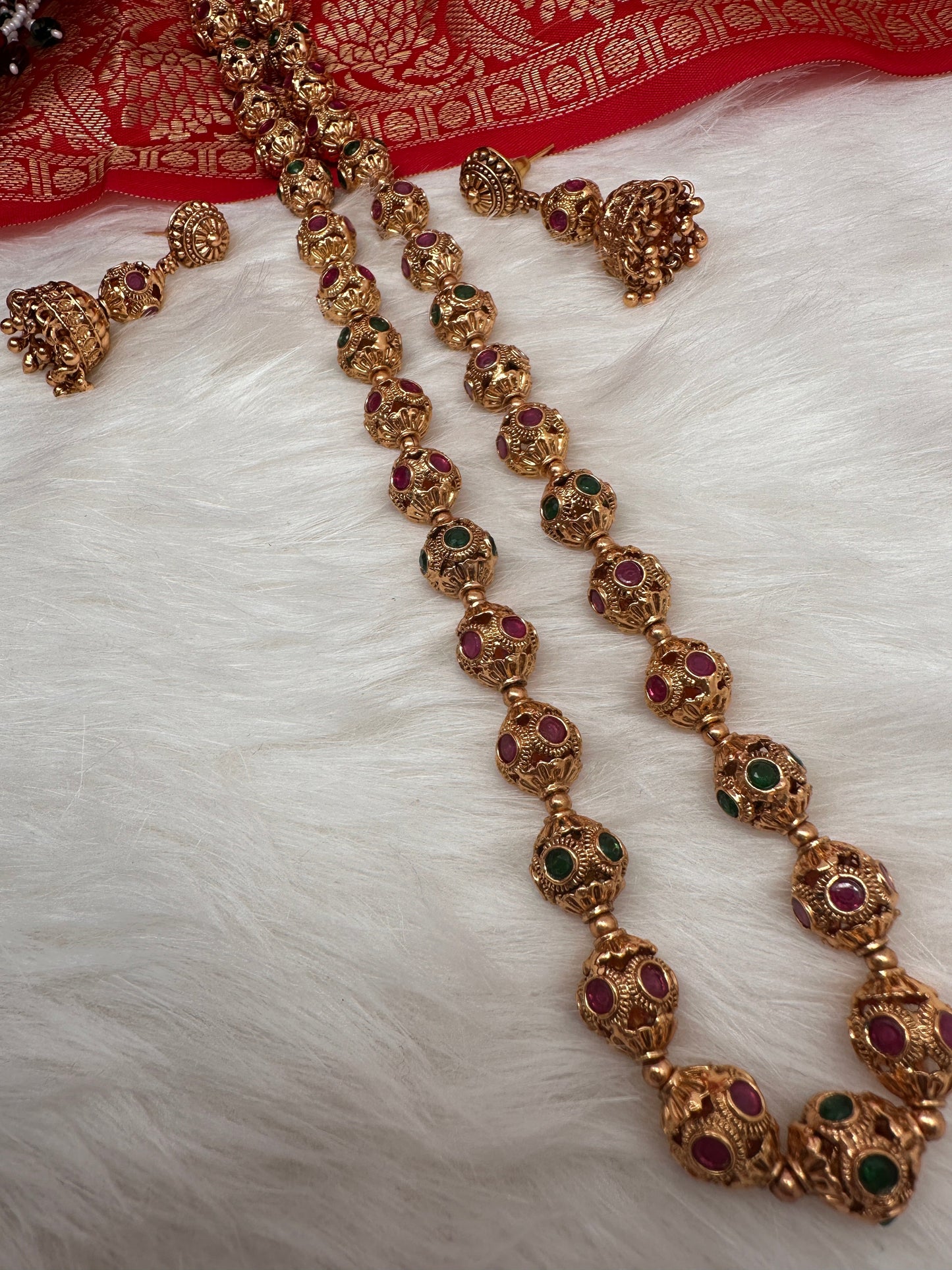 Golden Nakshi Ball Red Green Stone Necklace
