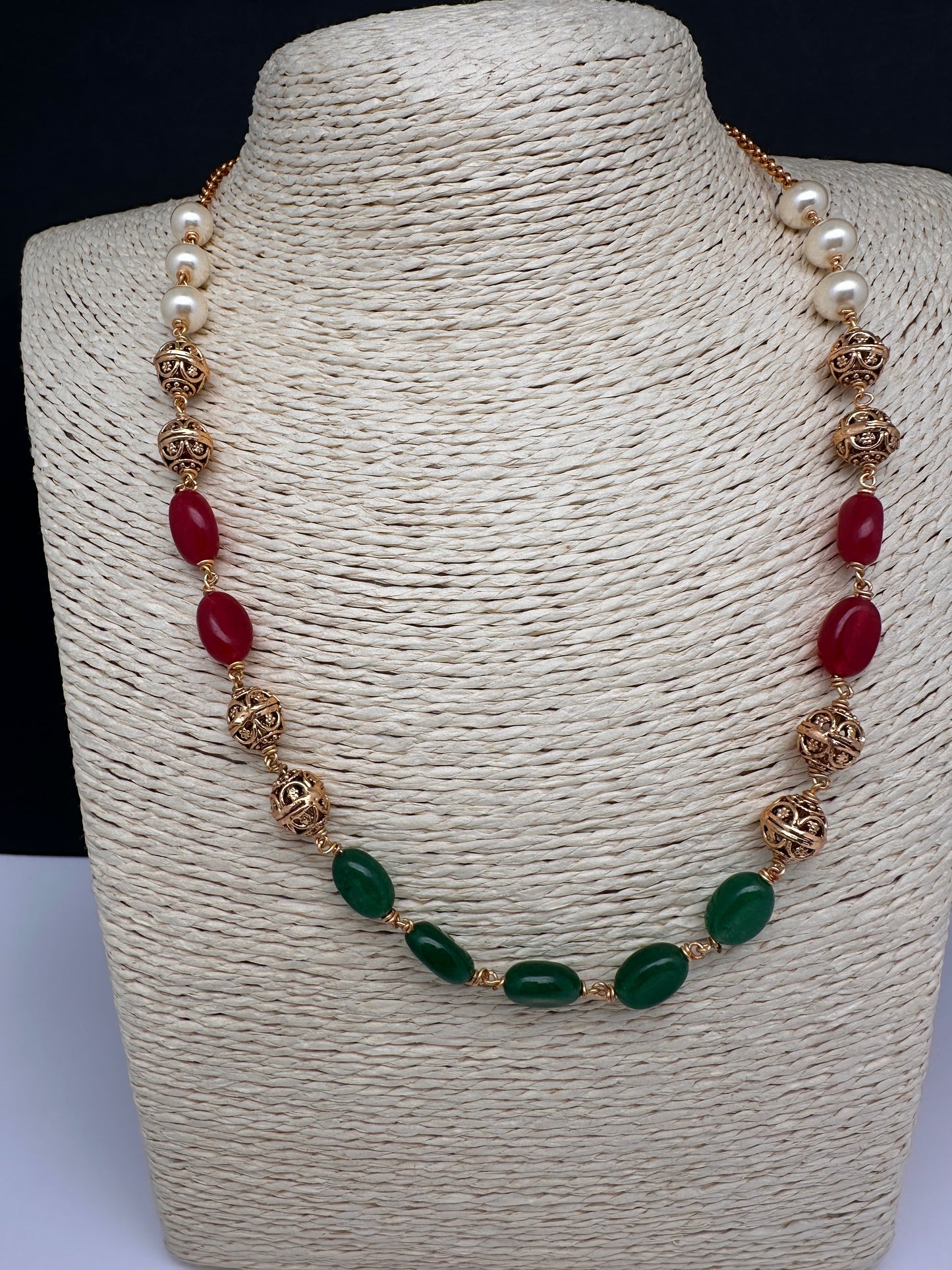 Golden Nakshi Ball Color Stone Necklace - Gold