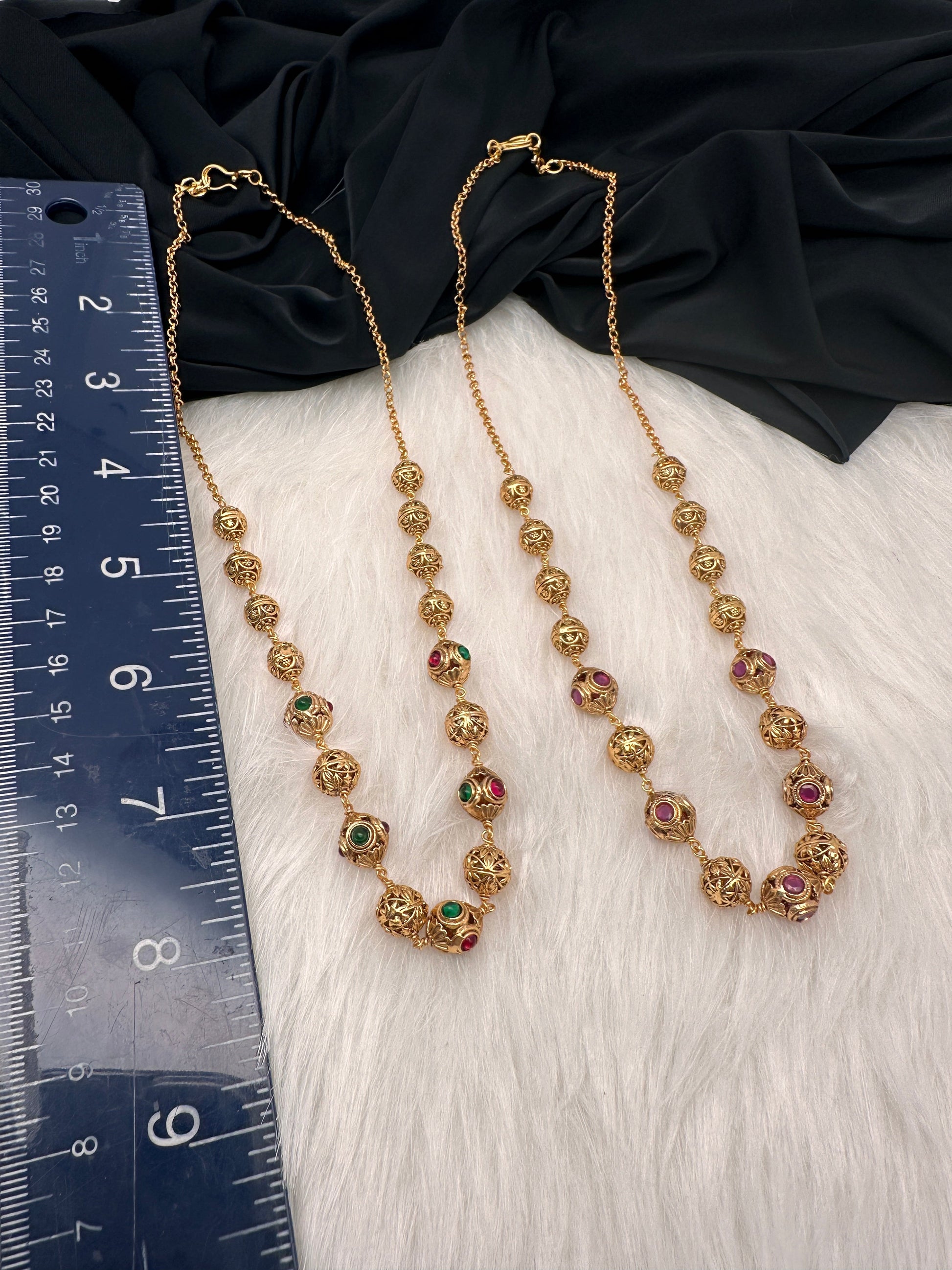 Golden Nakshi Ball Color Stone Necklace - Gold