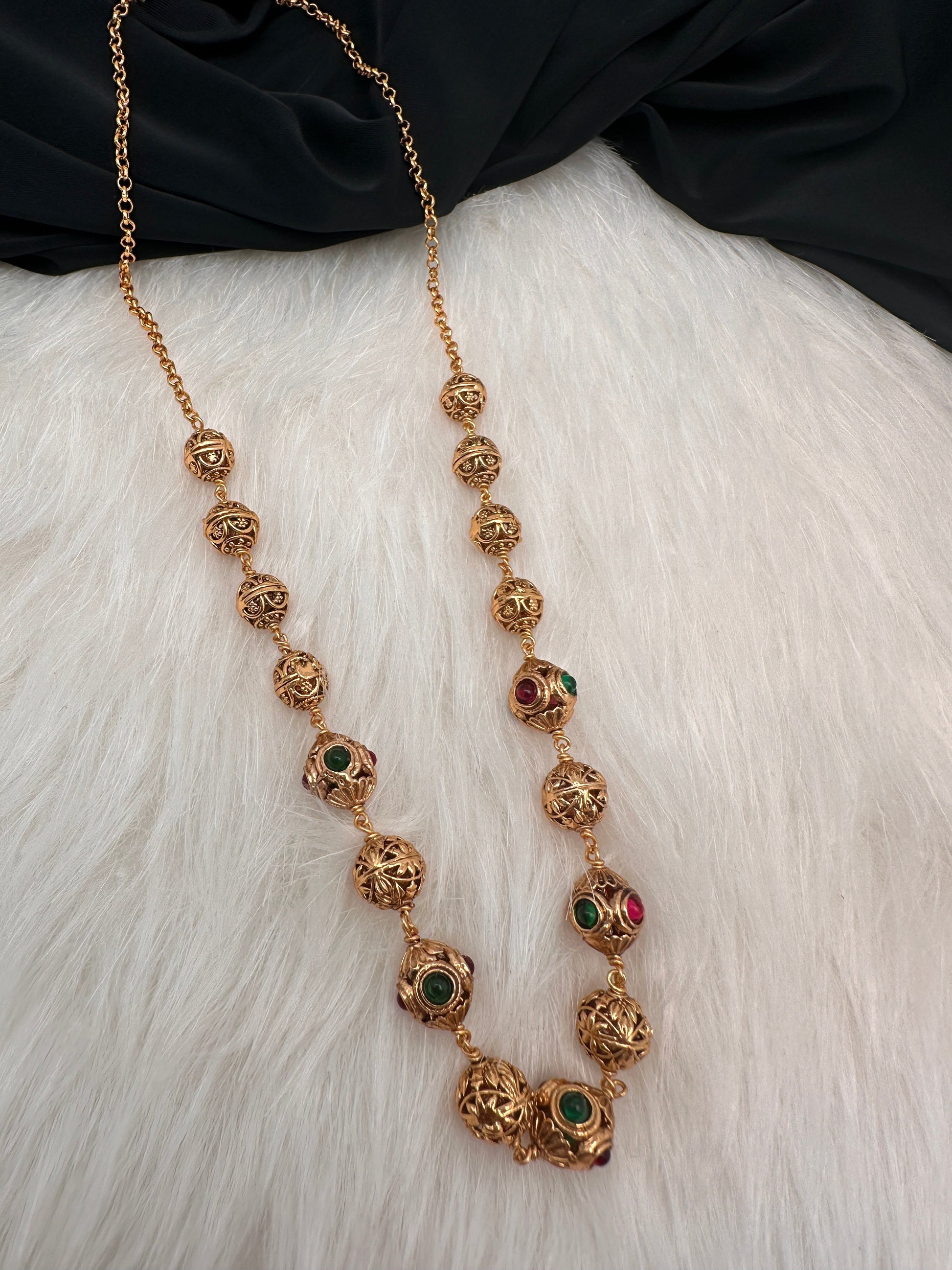 Golden Nakshi Ball Color Stone Necklace - Gold