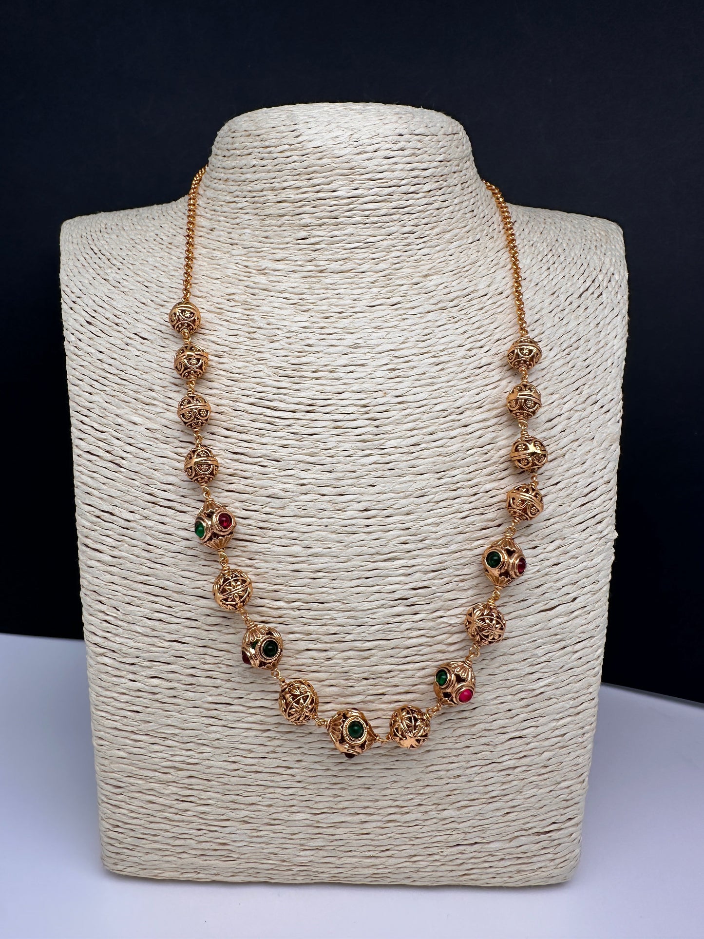 Golden Nakshi Ball Color Stone Necklace - Gold