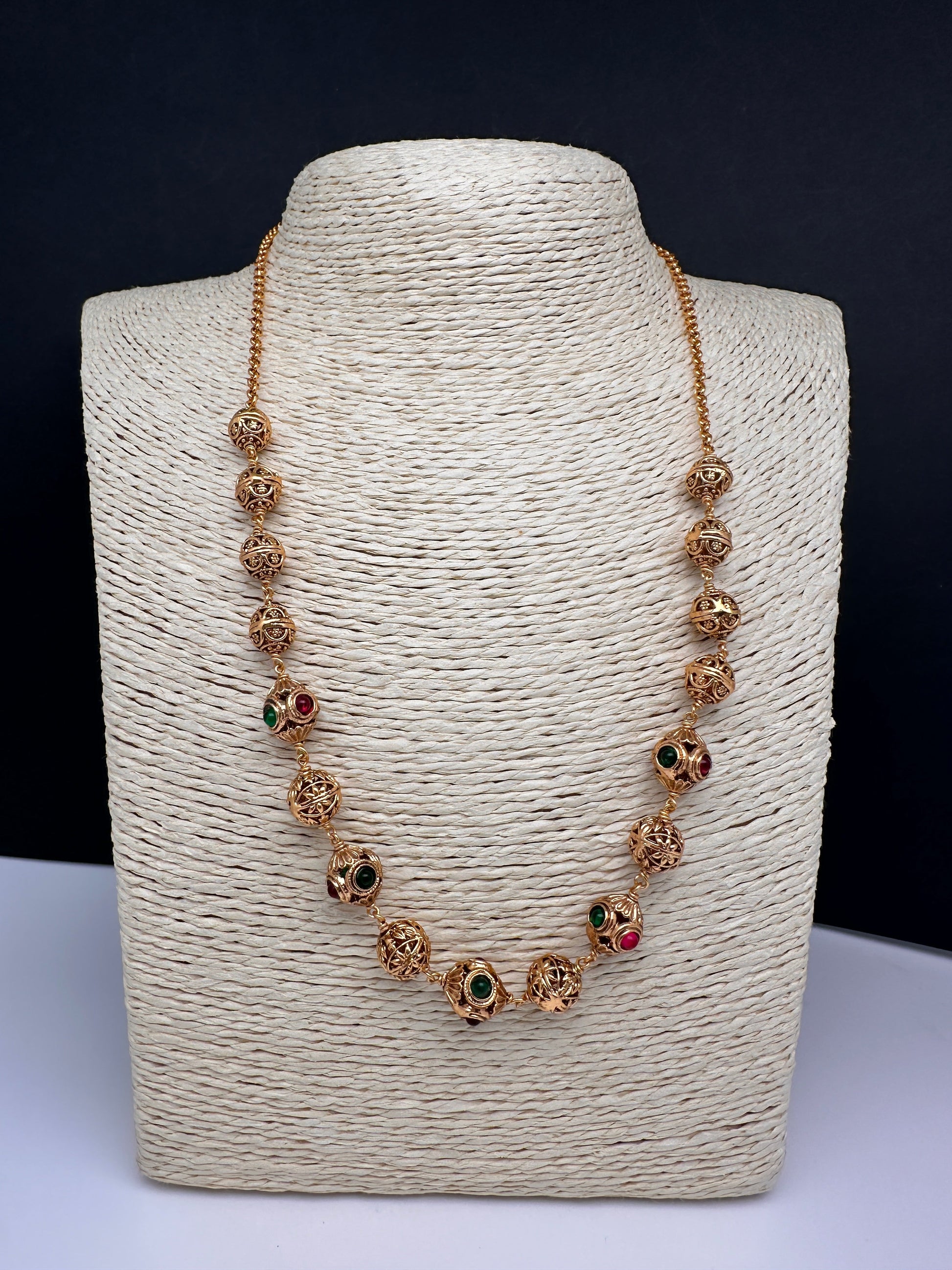 Golden Nakshi Ball Color Stone Necklace - Gold