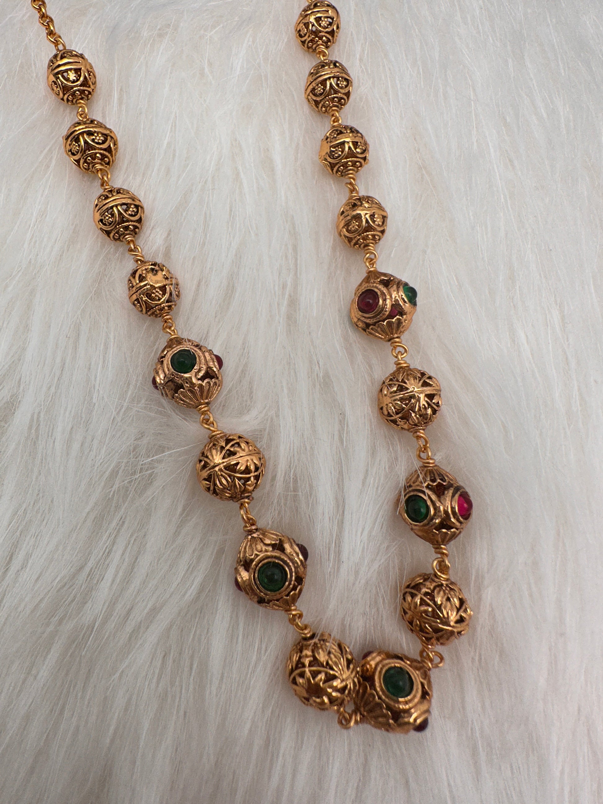 Golden Nakshi Ball Color Stone Necklace - Gold