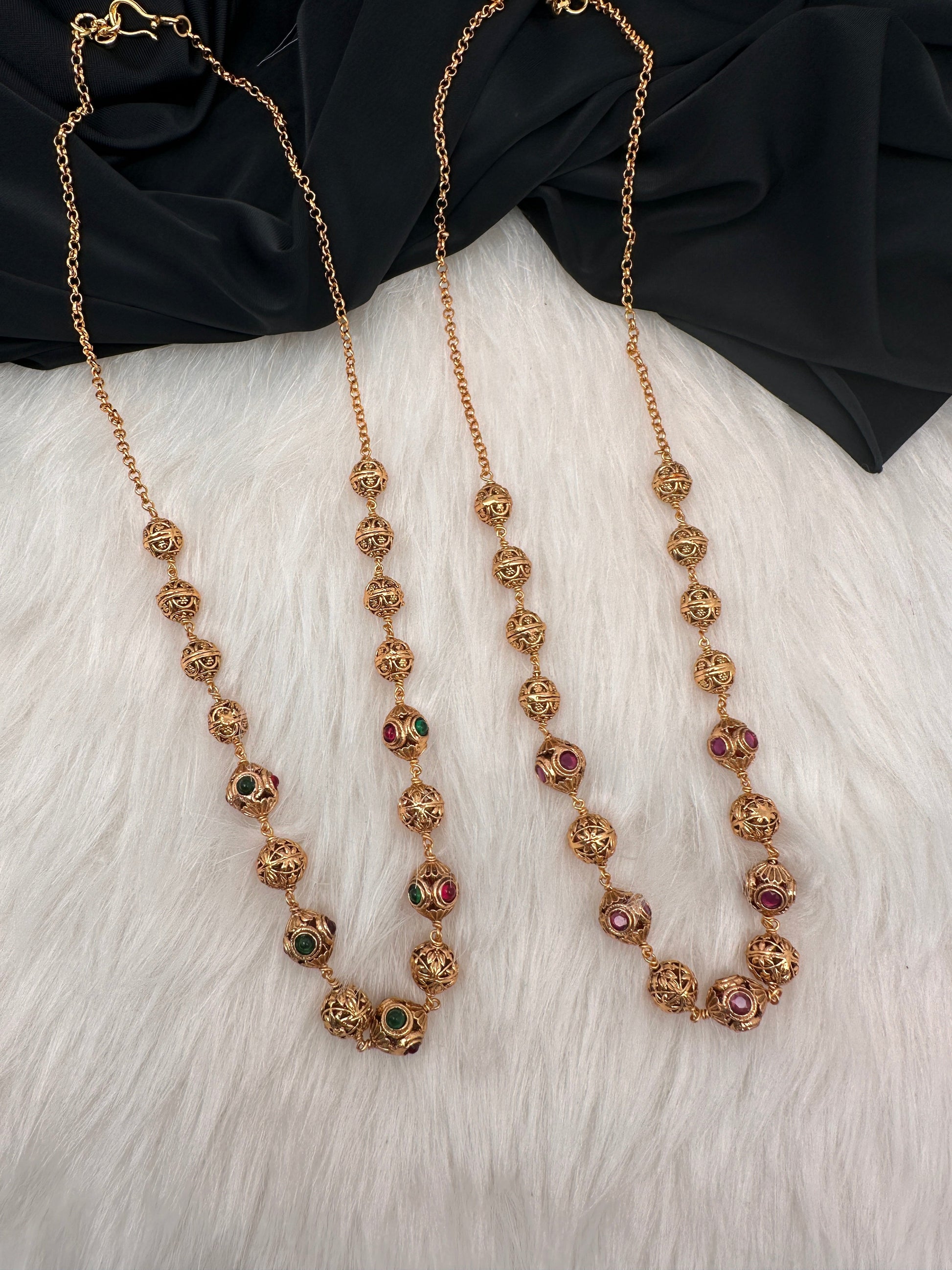 Golden Nakshi Ball Color Stone Necklace - Gold
