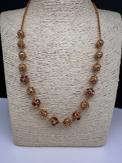 Golden Nakshi Ball Color Stone Necklace - Red