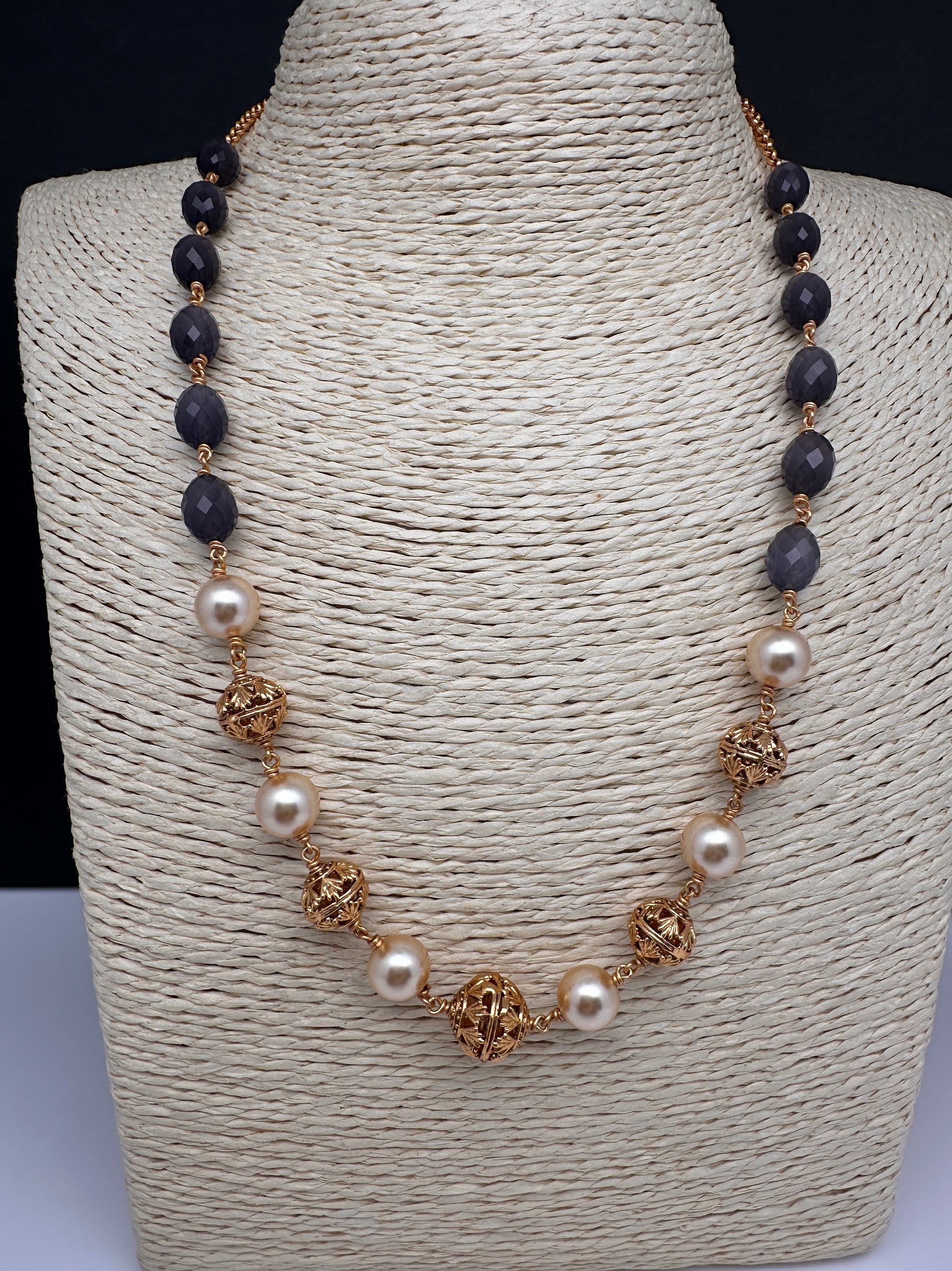 Golden Nakshi Ball Color Stone Necklace - Purple