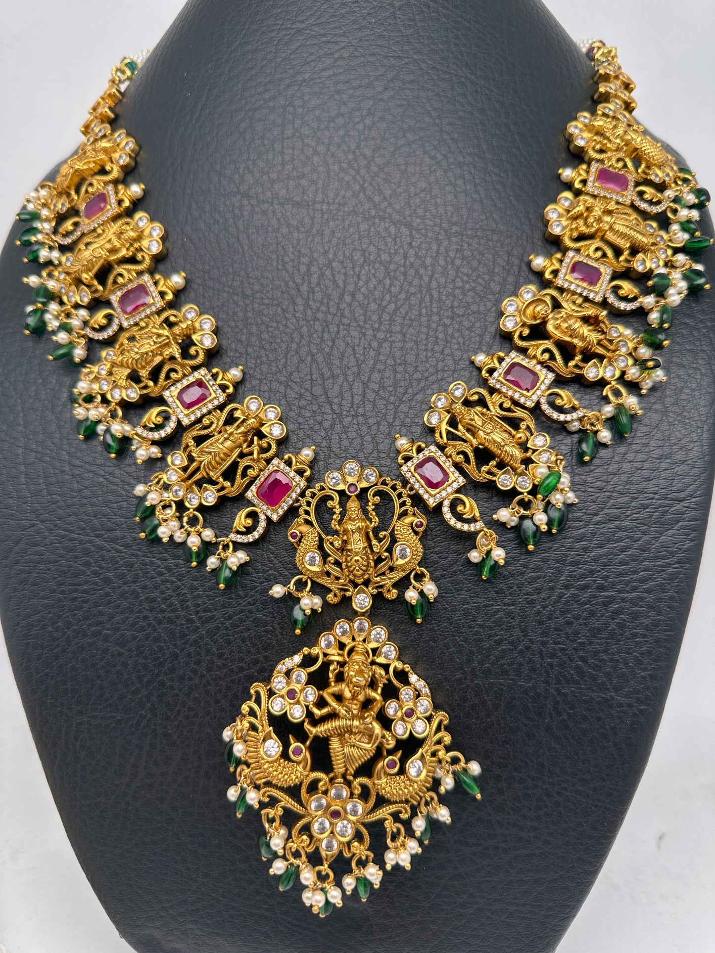 Dashavtar Nakshi Red Kemp and PearlsNecklace