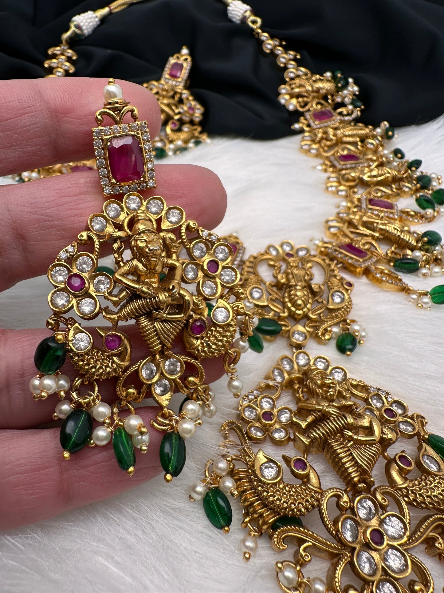 Dashavtar Nakshi Red Kemp and PearlsNecklace