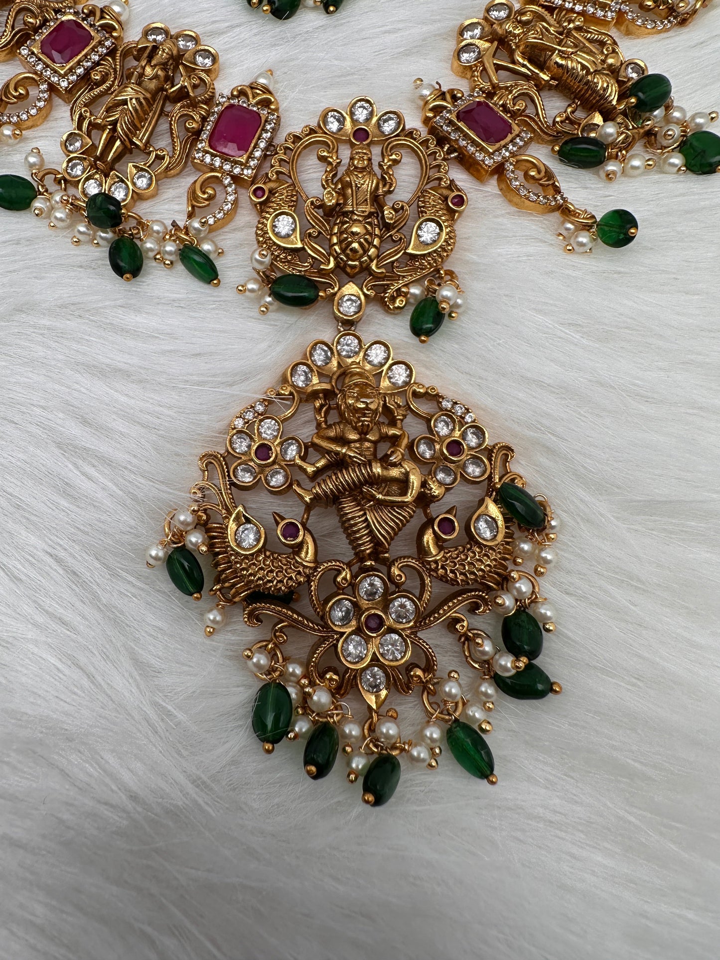 Dashavtar Nakshi Red Kemp and PearlsNecklace