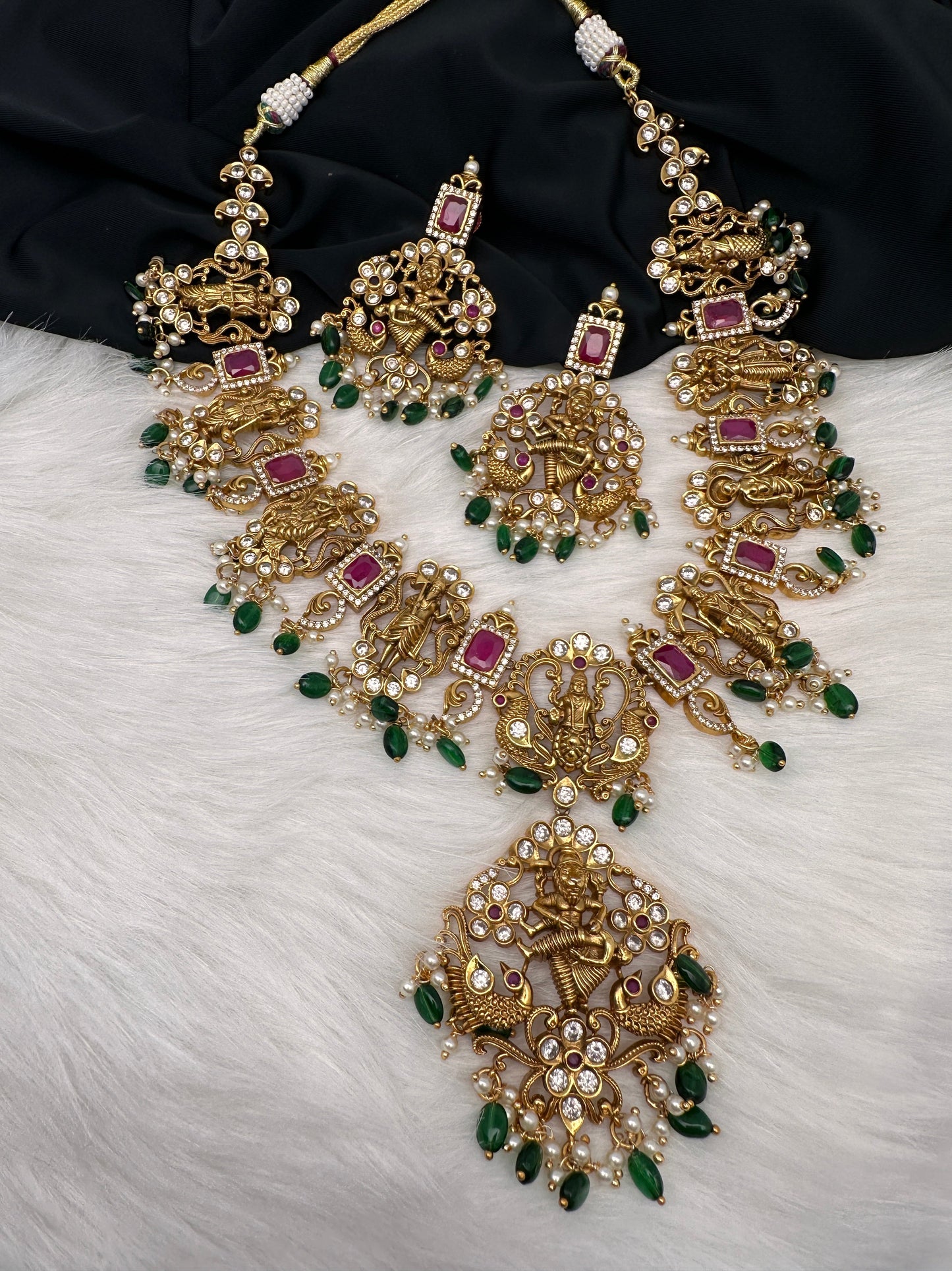 Dashavtar Nakshi Red Kemp and PearlsNecklace