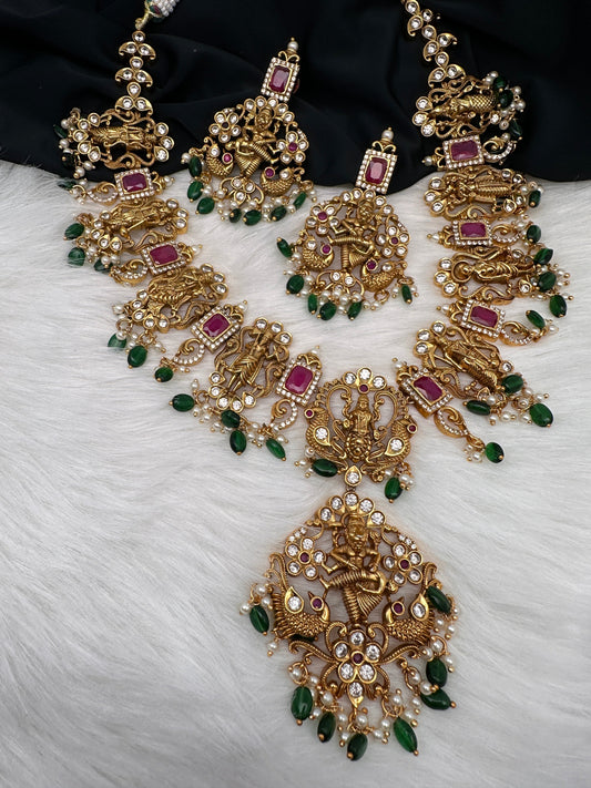 Dashavtar Nakshi Red Kemp and PearlsNecklace