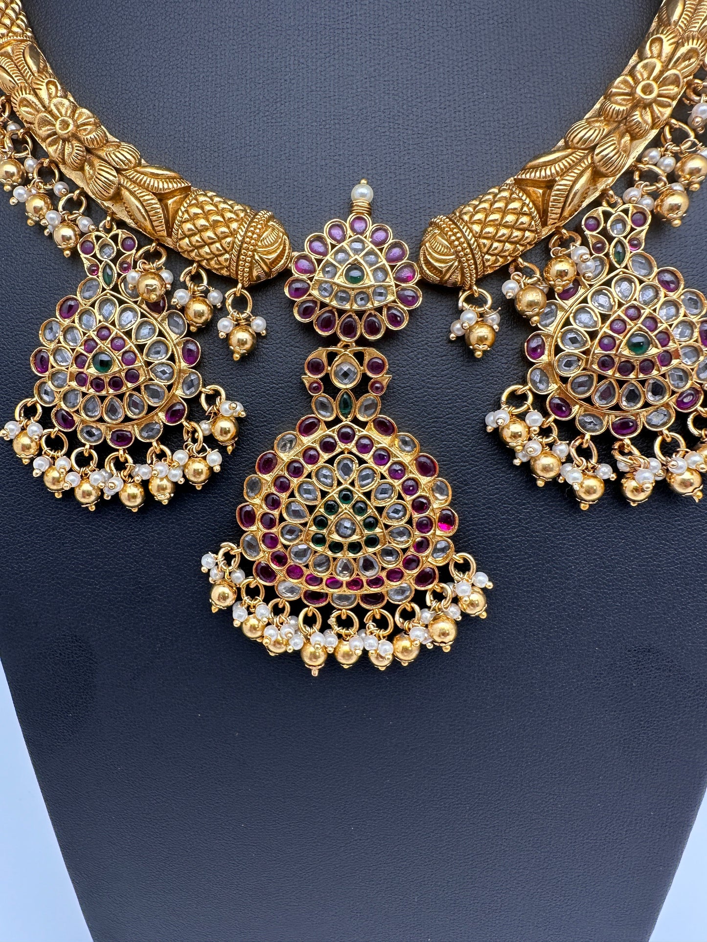 Kanthi Style CZ Red Stone Short Nakshi Necklace Set