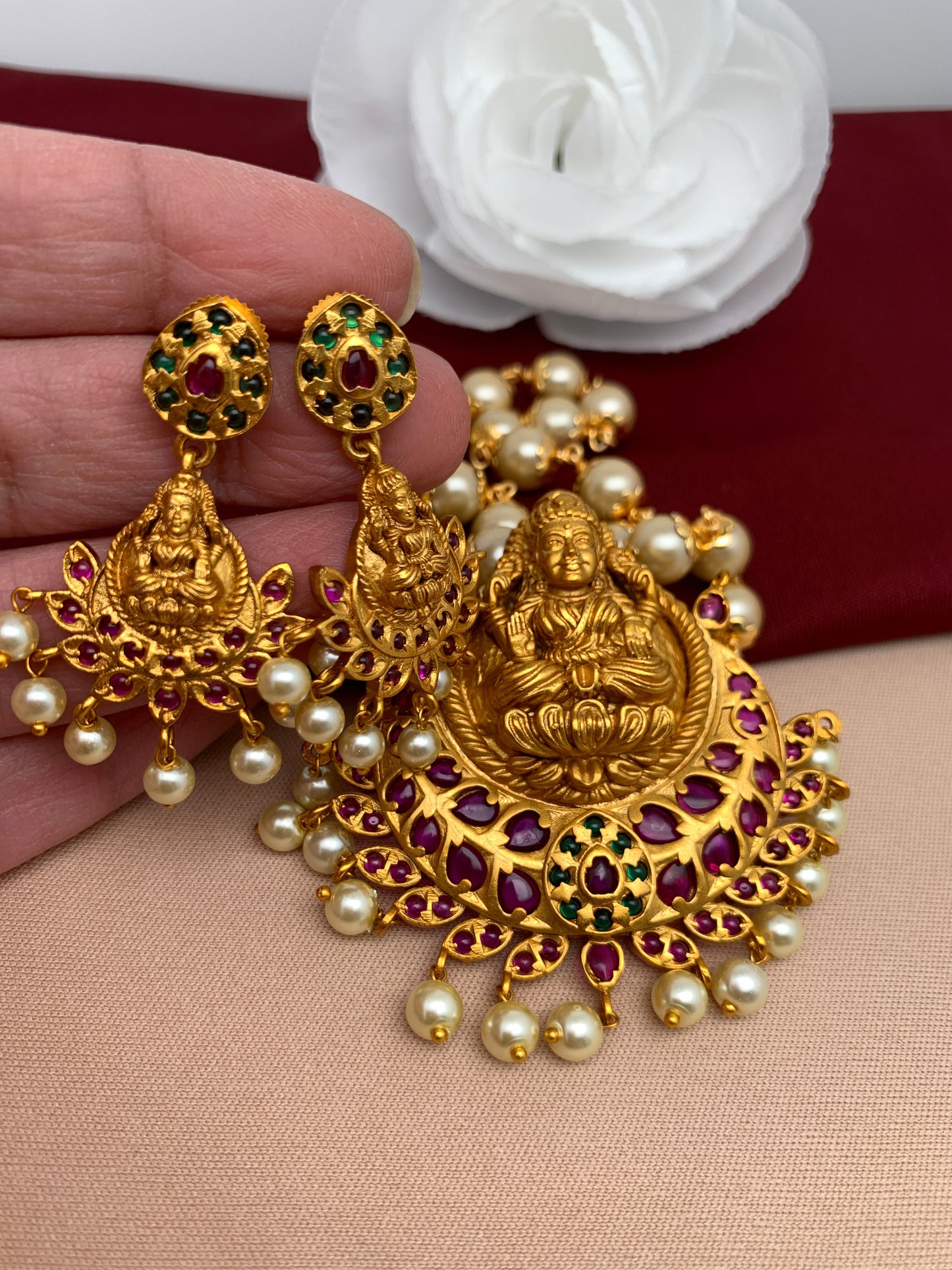 Goddess Lakshmi Red Stone Detachable Pendent Set with Pearl Mala and Matching Earrings