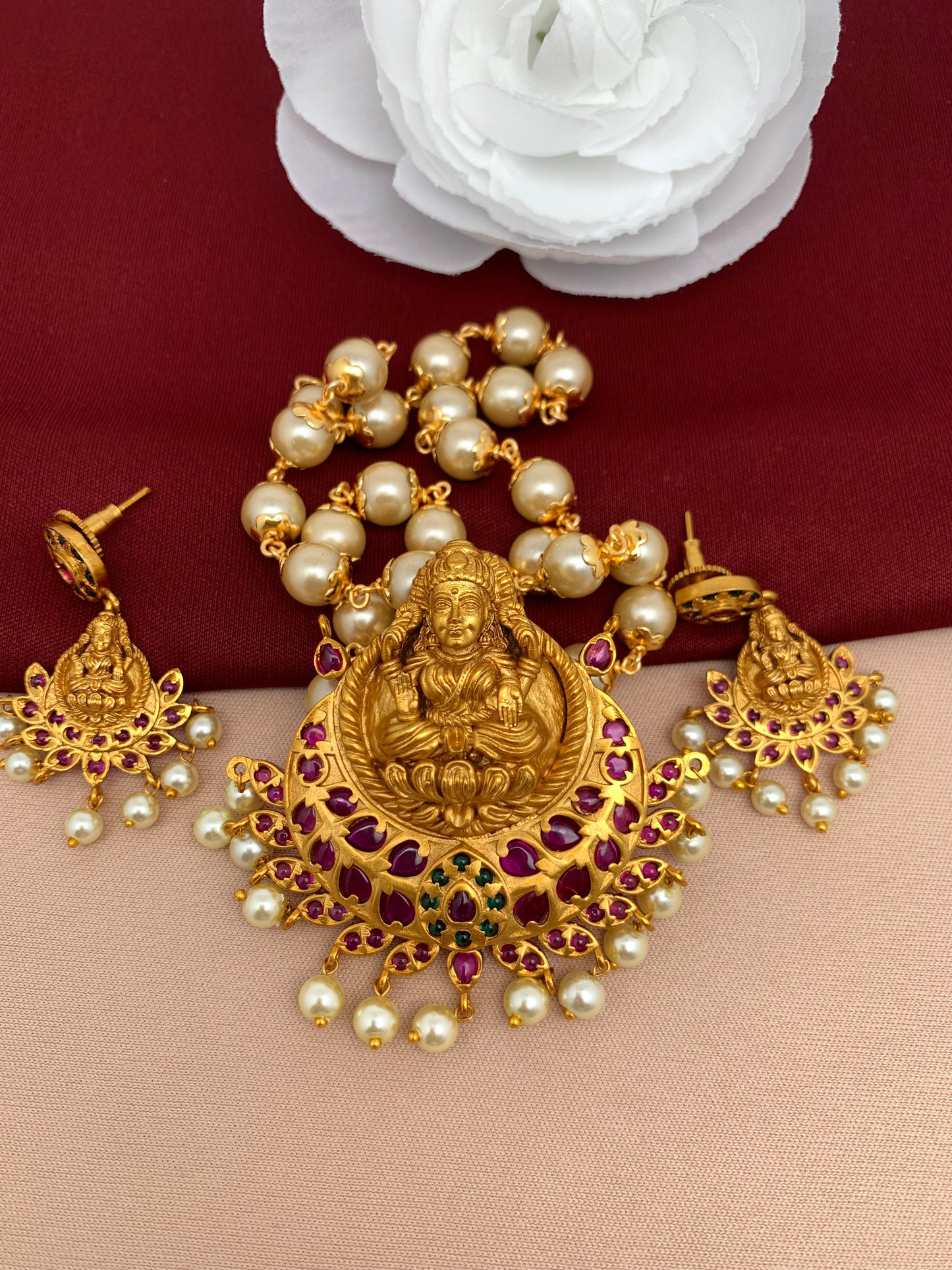 Goddess Lakshmi Red Stone Detachable Pendent Set with Pearl Mala and Matching Earrings