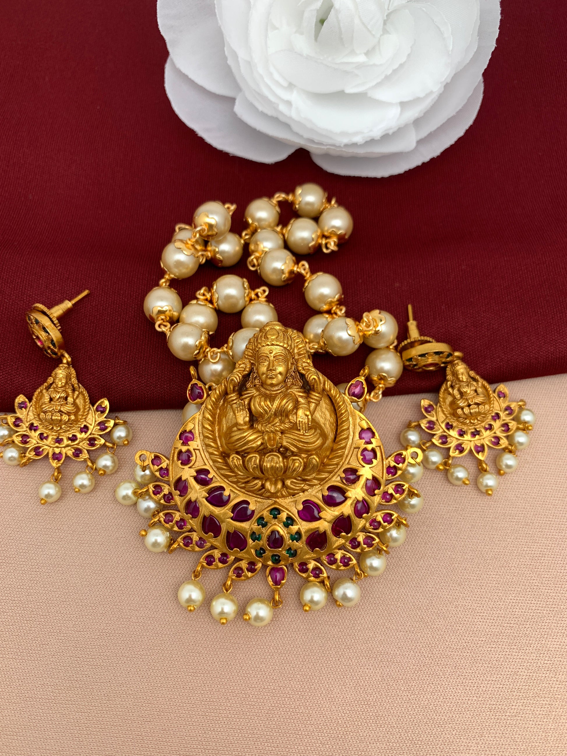 Goddess Lakshmi Red Stone Detachable Pendent Set with Pearl Mala and Matching Earrings