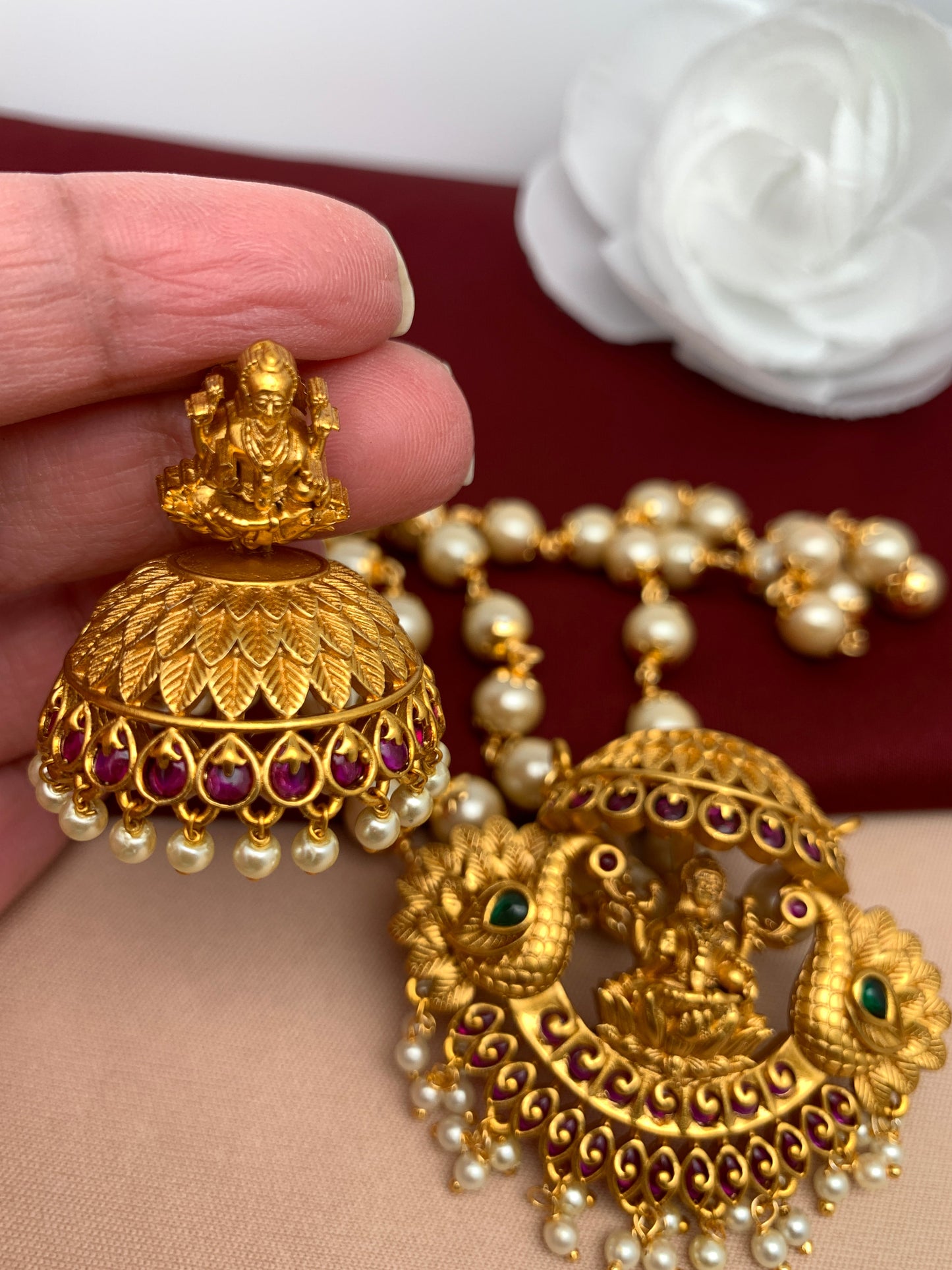 Goddess Lakshmi Peacock Pendent Set with Pearl Mala and Matching Jhumki