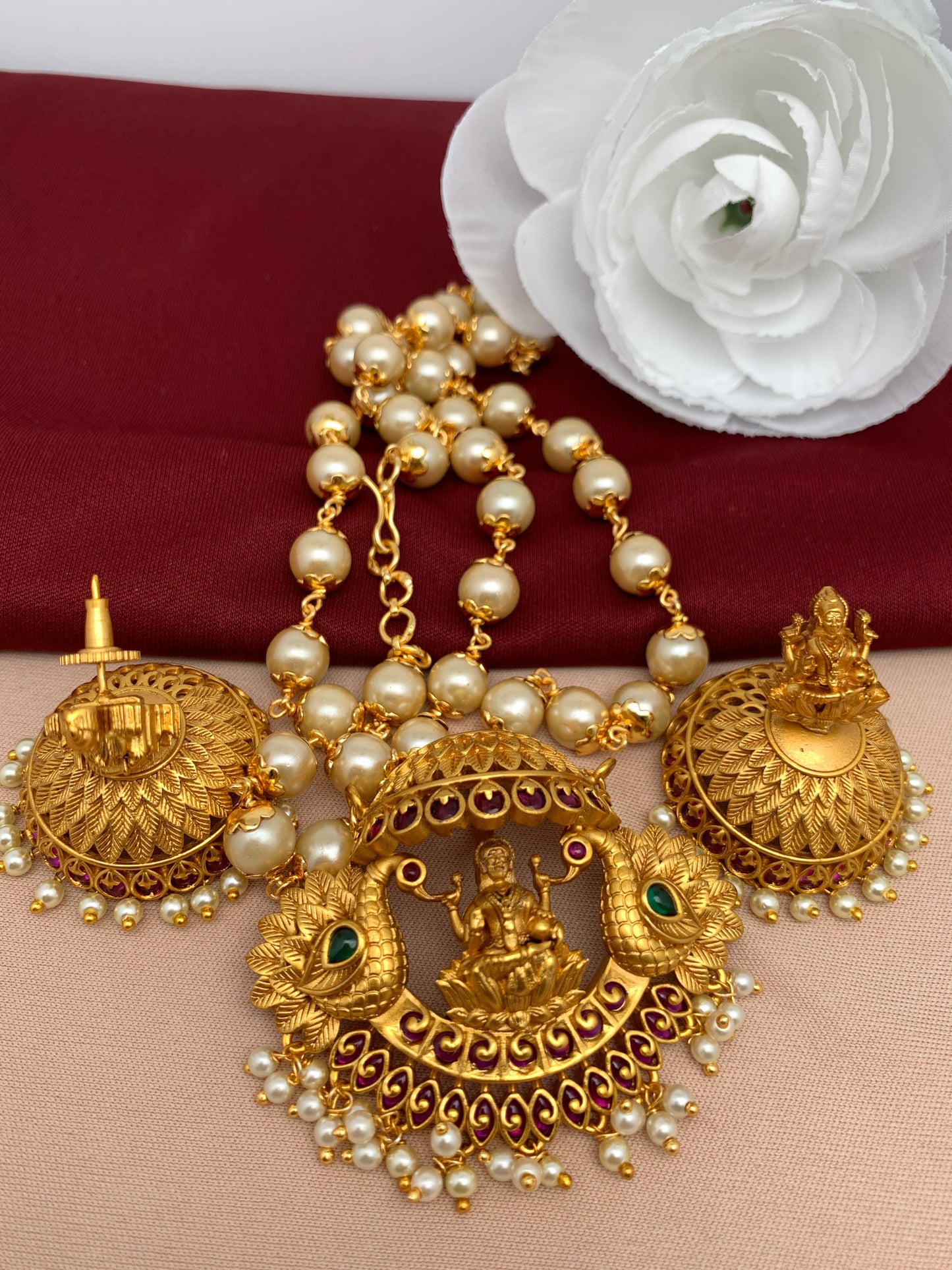 Goddess Lakshmi Peacock Pendent Set with Pearl Mala and Matching Jhumki