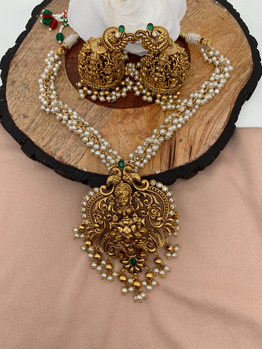 Goddess Lakshmi Matte Finish Pendent Set with Cluster Pearl Mala
