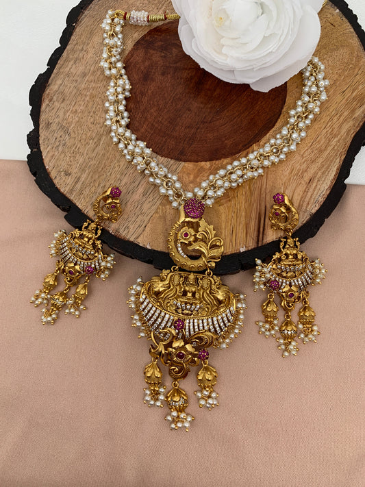 Goddess Lakshmi Elephant CZ Matte Finish Pendent Set with Cluster Pearl Mala