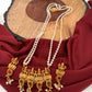 Goddess Lakshmi Red Green Multi Stone Pendent Set With Pearl Mala