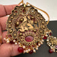 Radha Krishna Nakshi Color Stone Kundan Victorian Mehndi Finish Pendent Set - Red