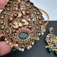Radha Krishna Nakshi Green and Red Stone Kundan Victorian Mehndi Finish Pendent Set