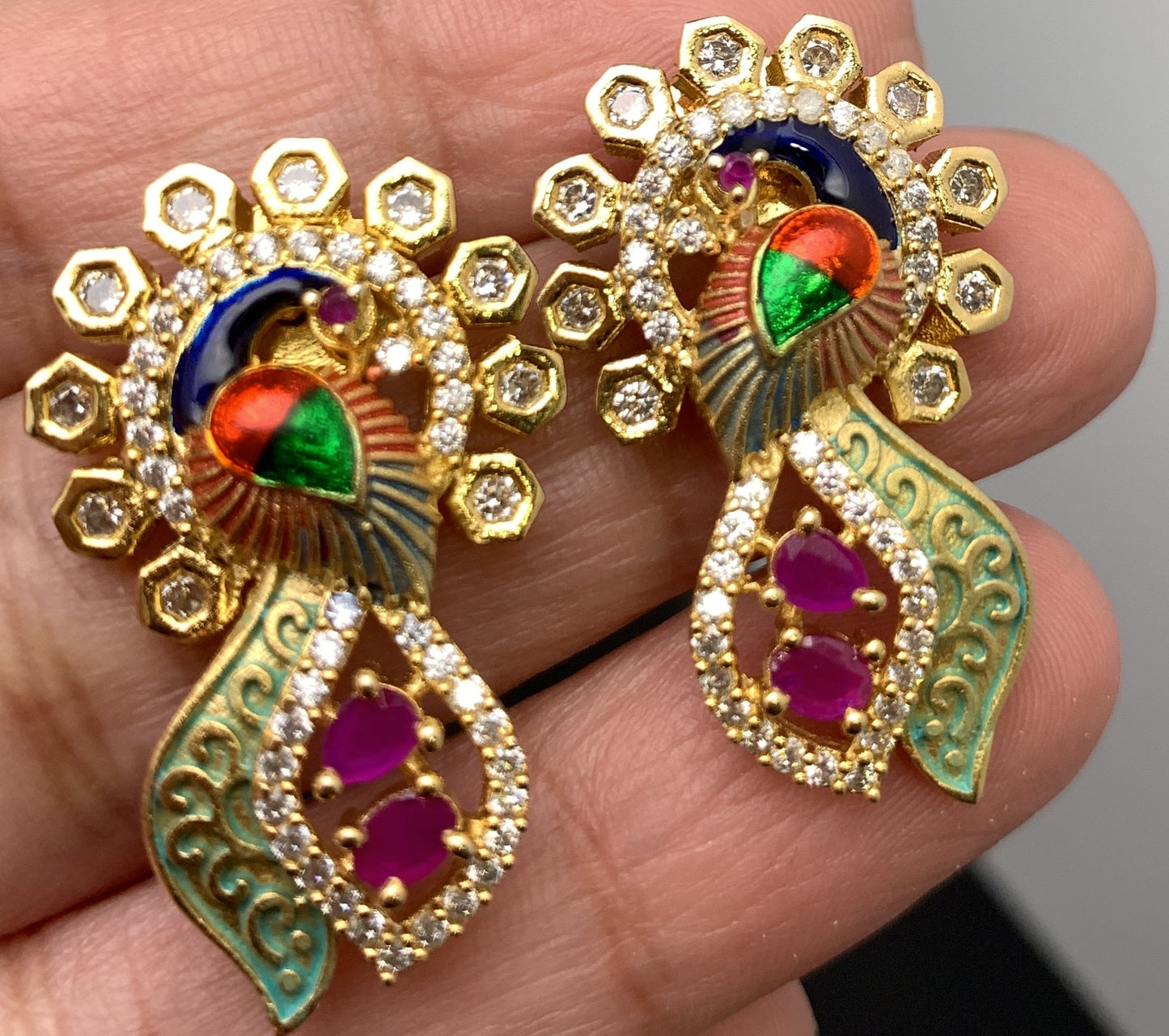 Peacock with American diamonds Ruby stones and meenakari Paint Pendent Set