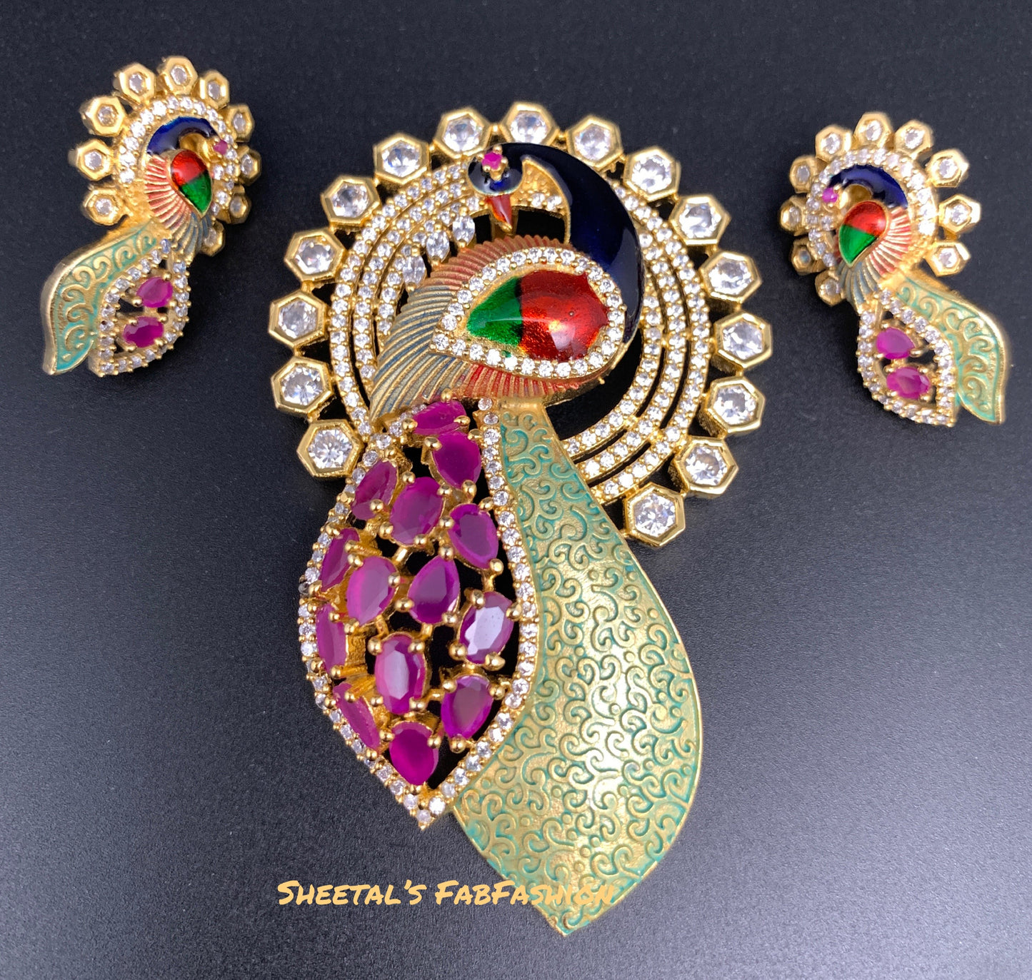 Peacock with American diamonds Ruby stones and meenakari Paint Pendent Set