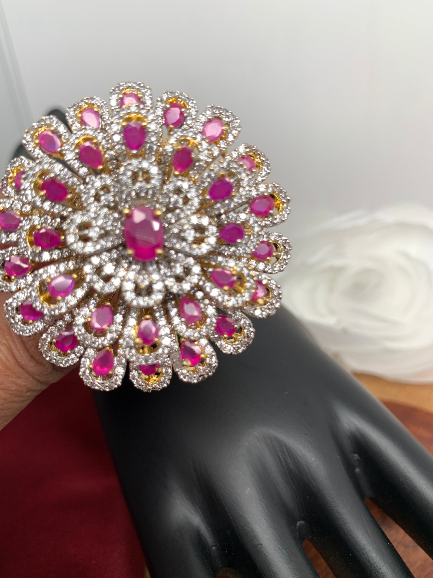 AD Red Stone Three Layer Floral Ring