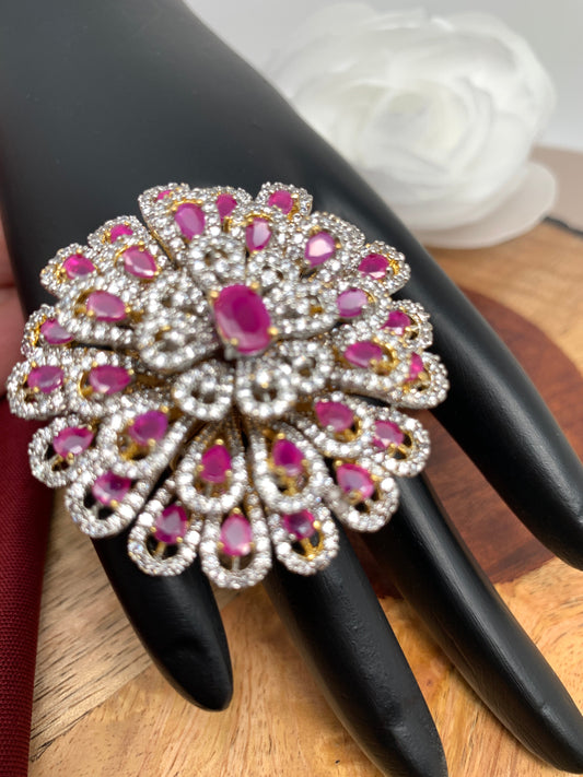 AD Red Stone Three Layer Floral Ring