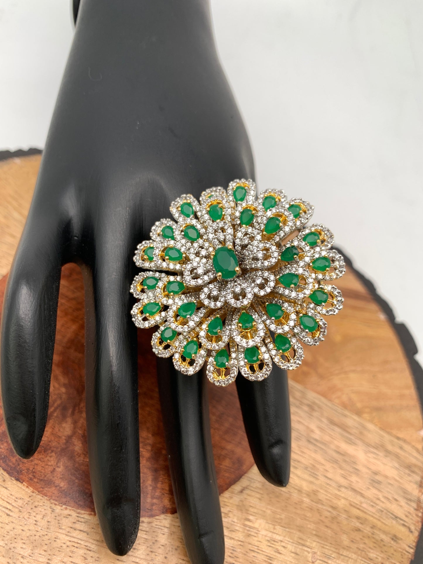 AD Green Stone Multi Layer Floral Round Ring