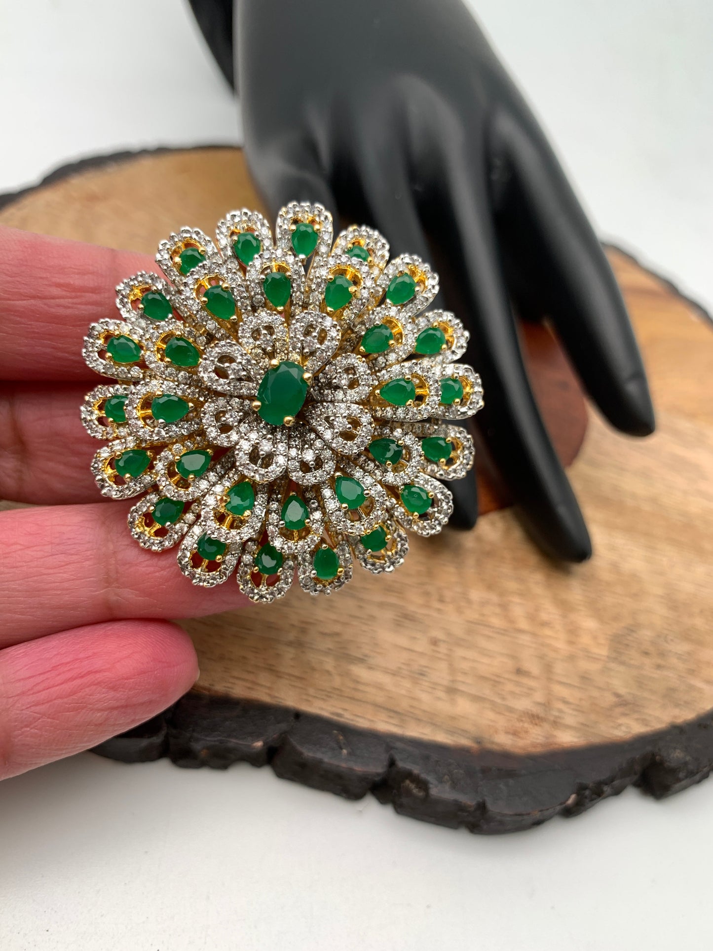 AD Green Stone Multi Layer Floral Round Ring