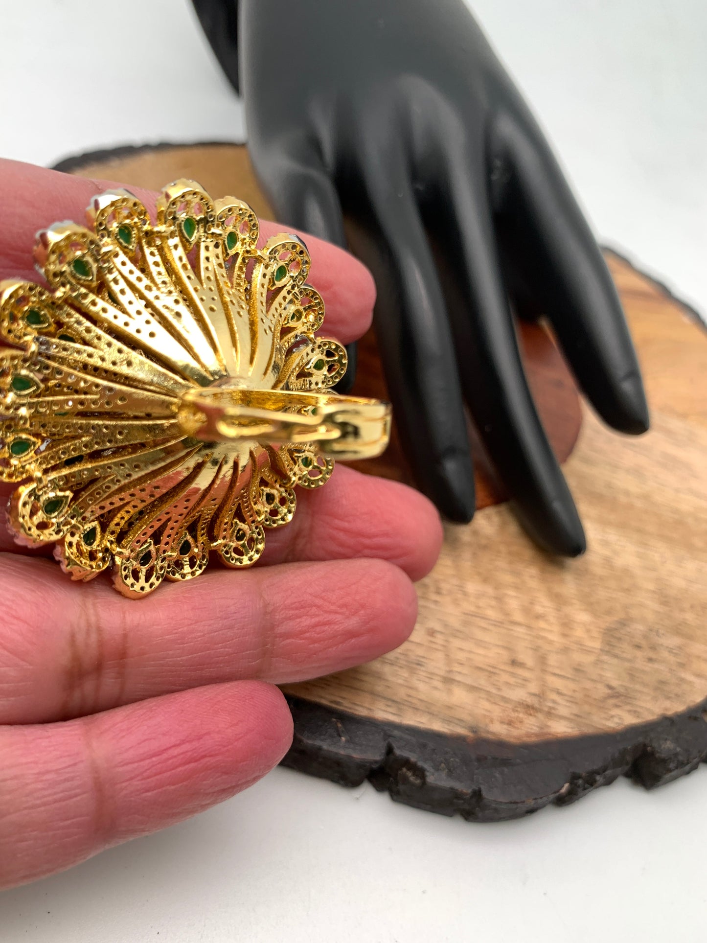 AD Green Stone Multi Layer Floral Round Ring